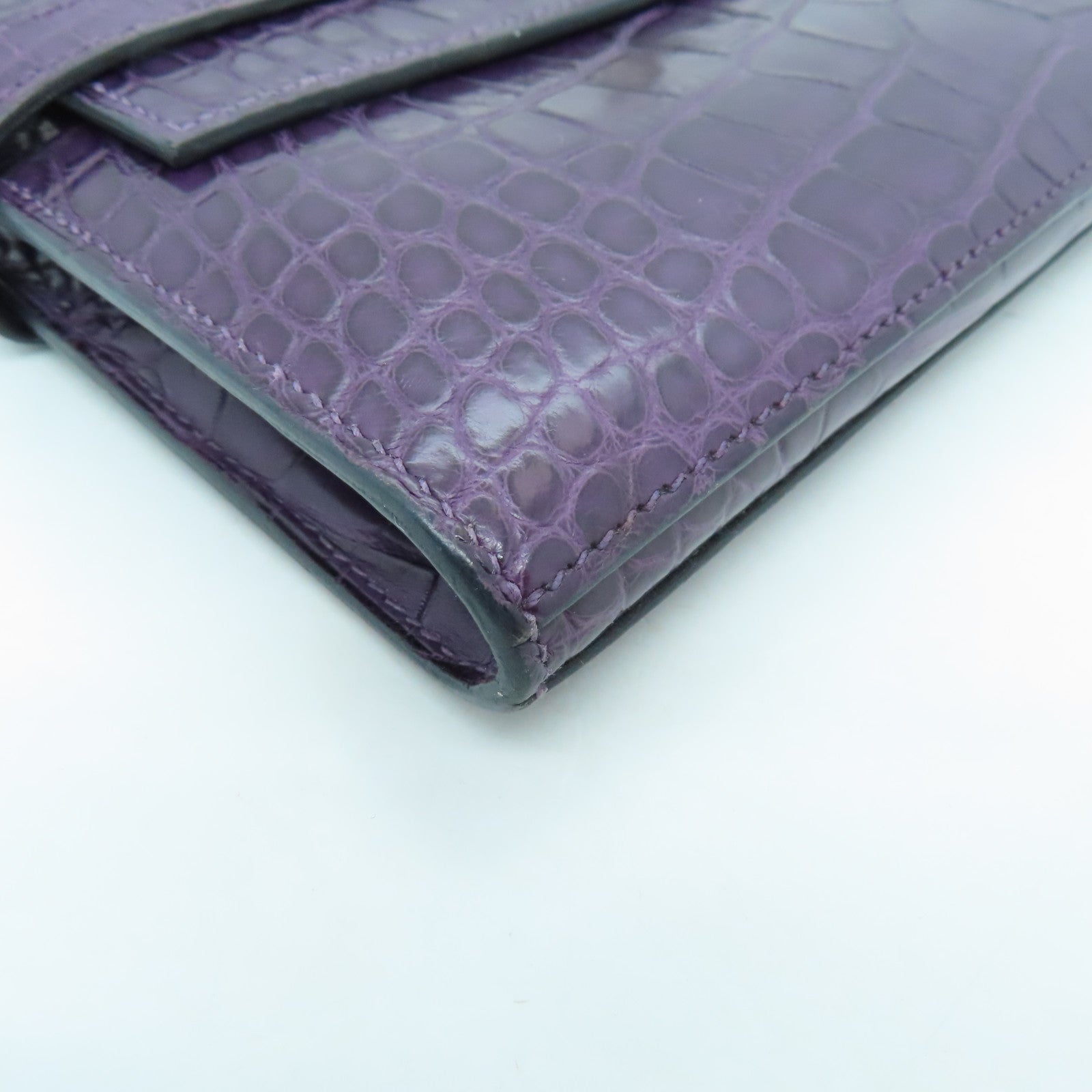 HERMES Alligator Mat Kelly Wallet Silver Buckle Long Wallet Beijing Purple