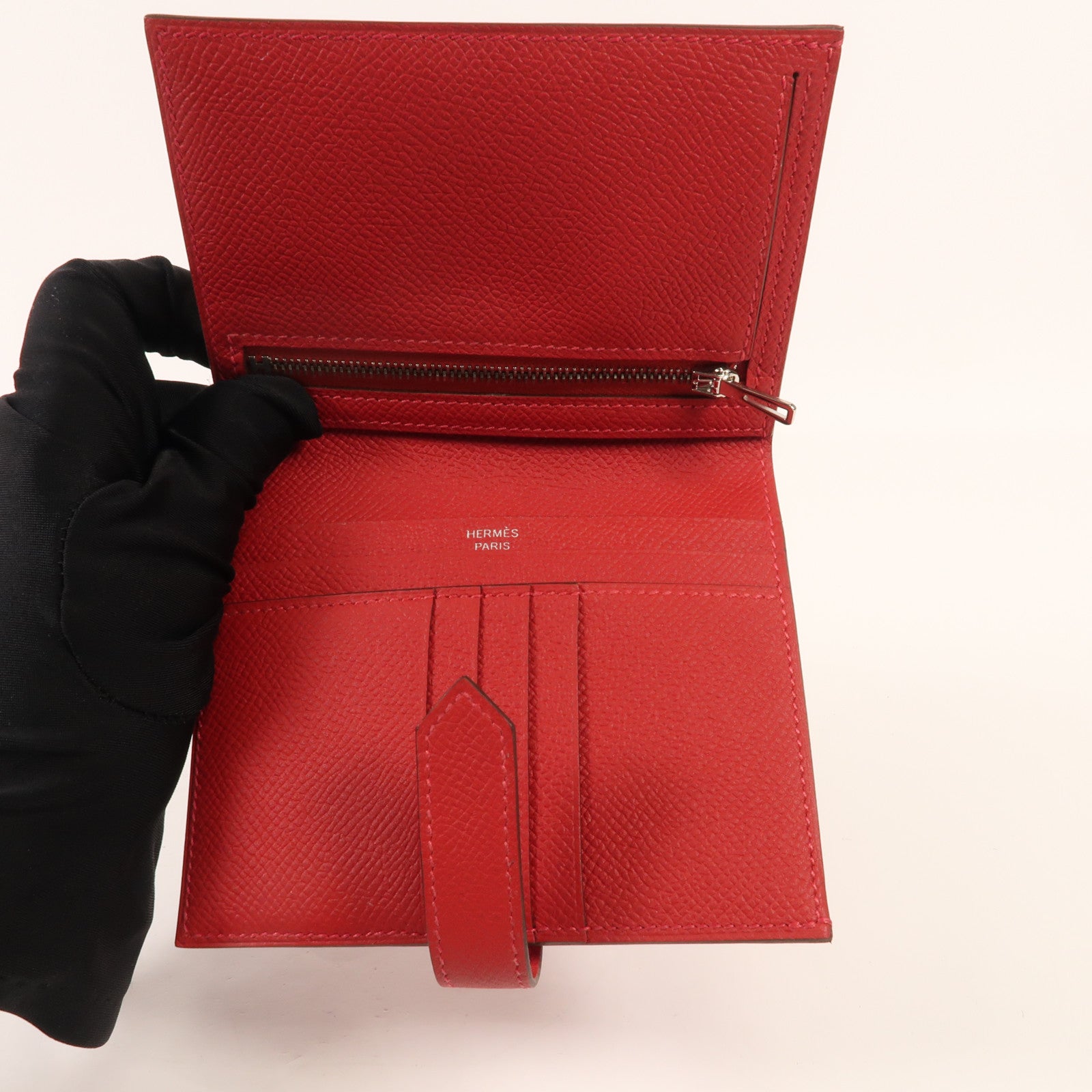 HERMES Epsom皮革Bearn Wallet銀扣錢包Rouge Casaque