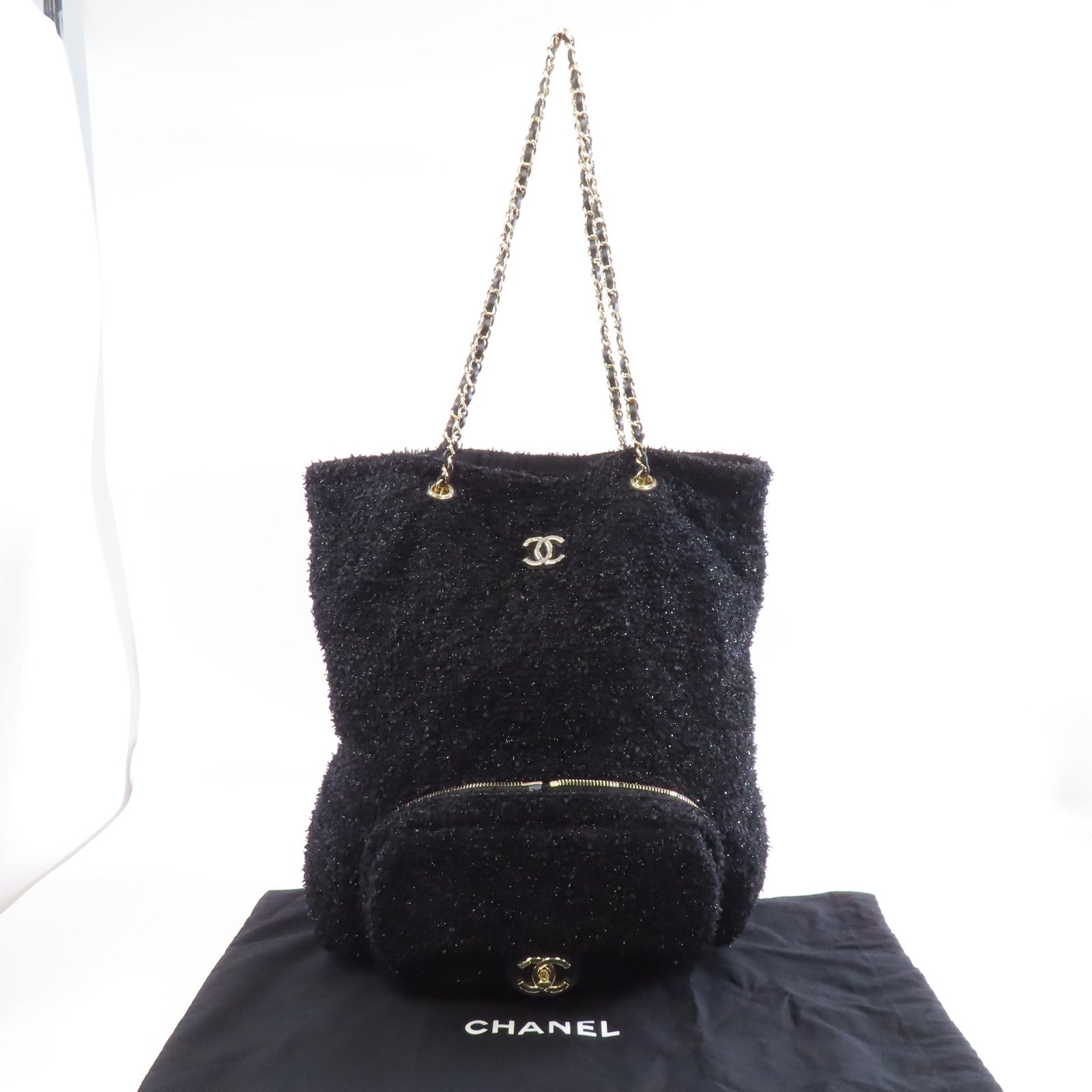 CHANEL 【激減優惠】花呢2 Way Shoulder Tote金扣手挽肩背兩用袋黑色