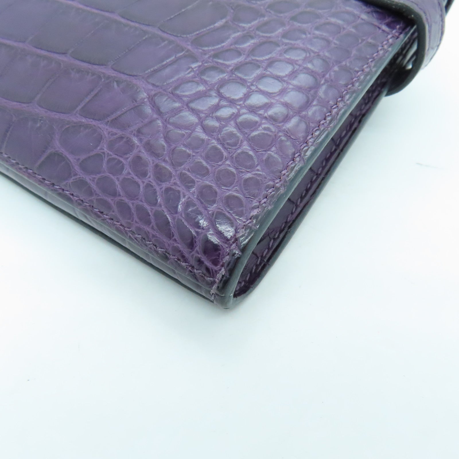HERMES Alligator Mat Kelly Wallet Silver Buckle Long Wallet Beijing Purple