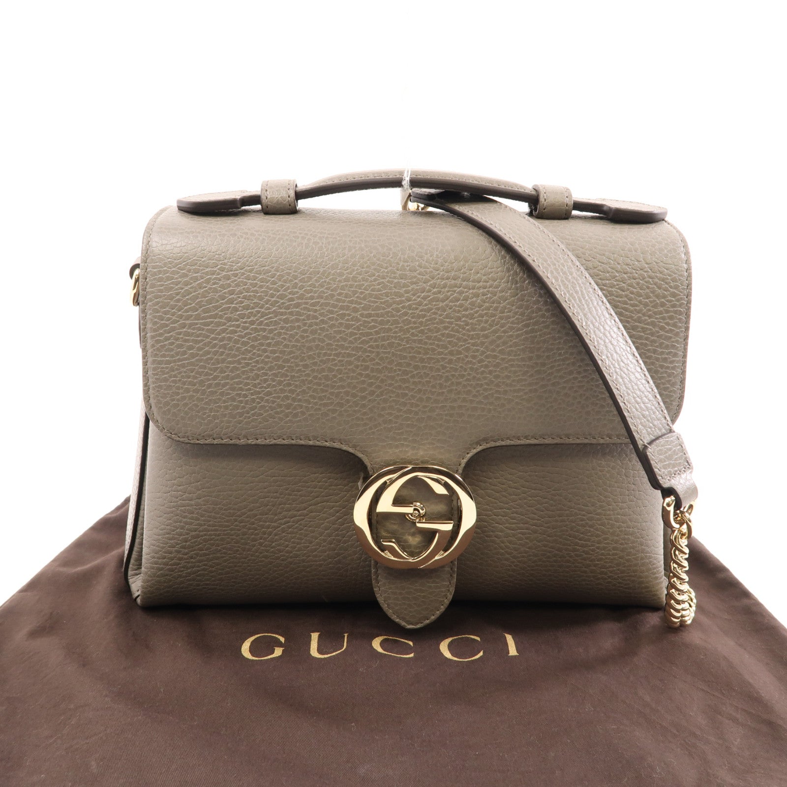 GUCCI 牛皮皮革Chain Shoulder Bag金扣鏈帶肩背袋灰色