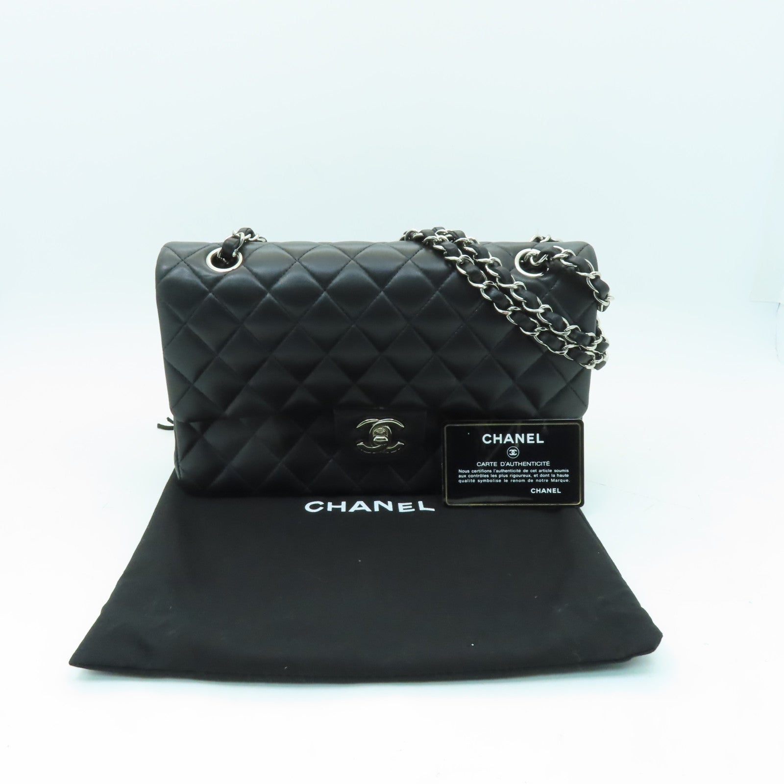CHANEL 【激減優惠】菱格羊皮皮革Classic 25銀扣鏈帶肩背袋黒色