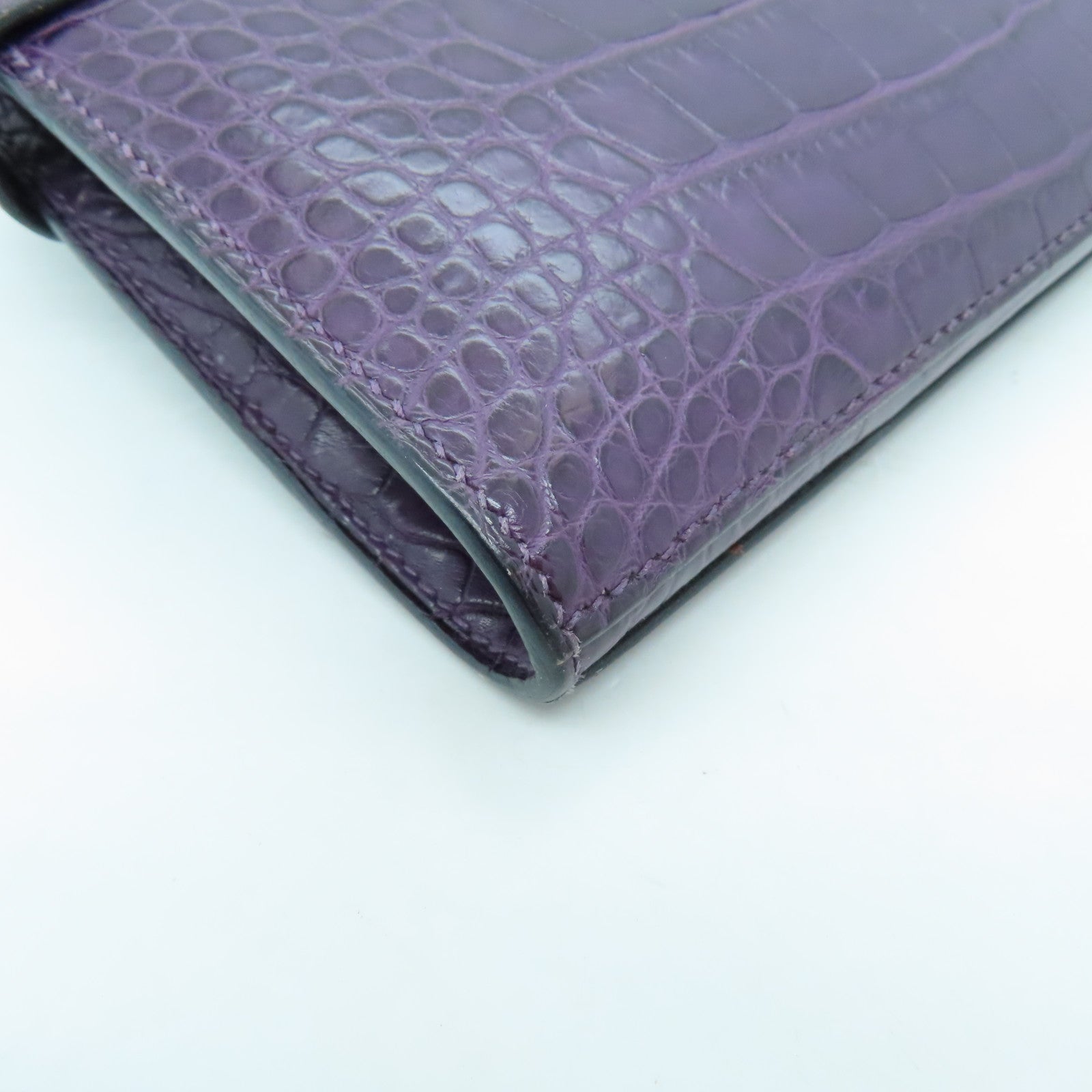 HERMES Alligator Mat Kelly Wallet Silver Buckle Long Wallet Beijing Purple