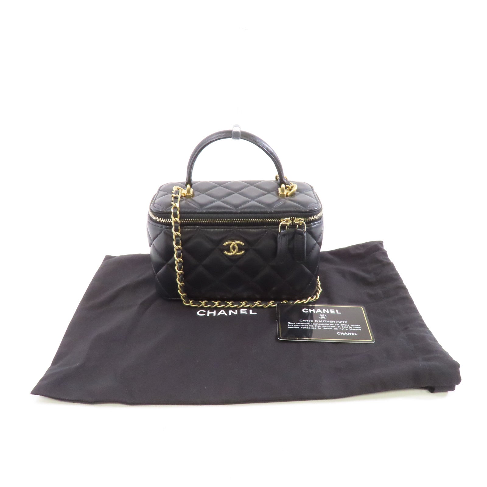 CHANEL 菱格羊皮皮革Vanity Case金扣鏈帶肩背袋黑色