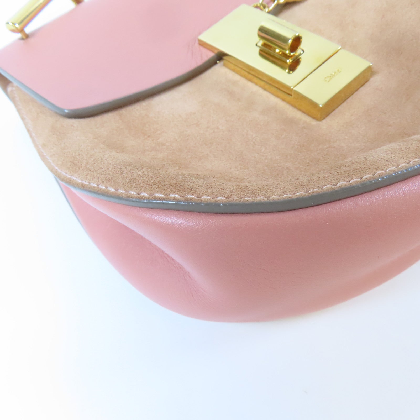 Chloe 【激減優惠】皮革/絨布Chain Shoulder金扣鏈帶肩背袋粉紅色/啡色