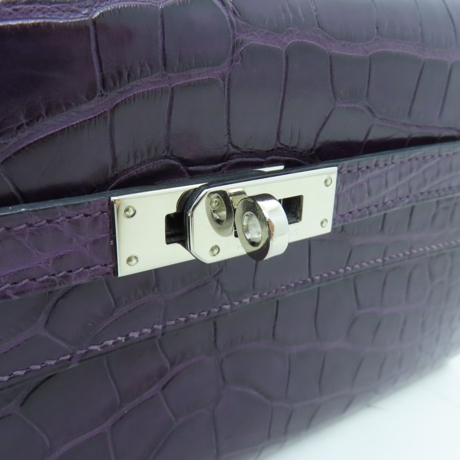 HERMES Alligator Mat Kelly Wallet Silver Buckle Long Wallet Beijing Purple