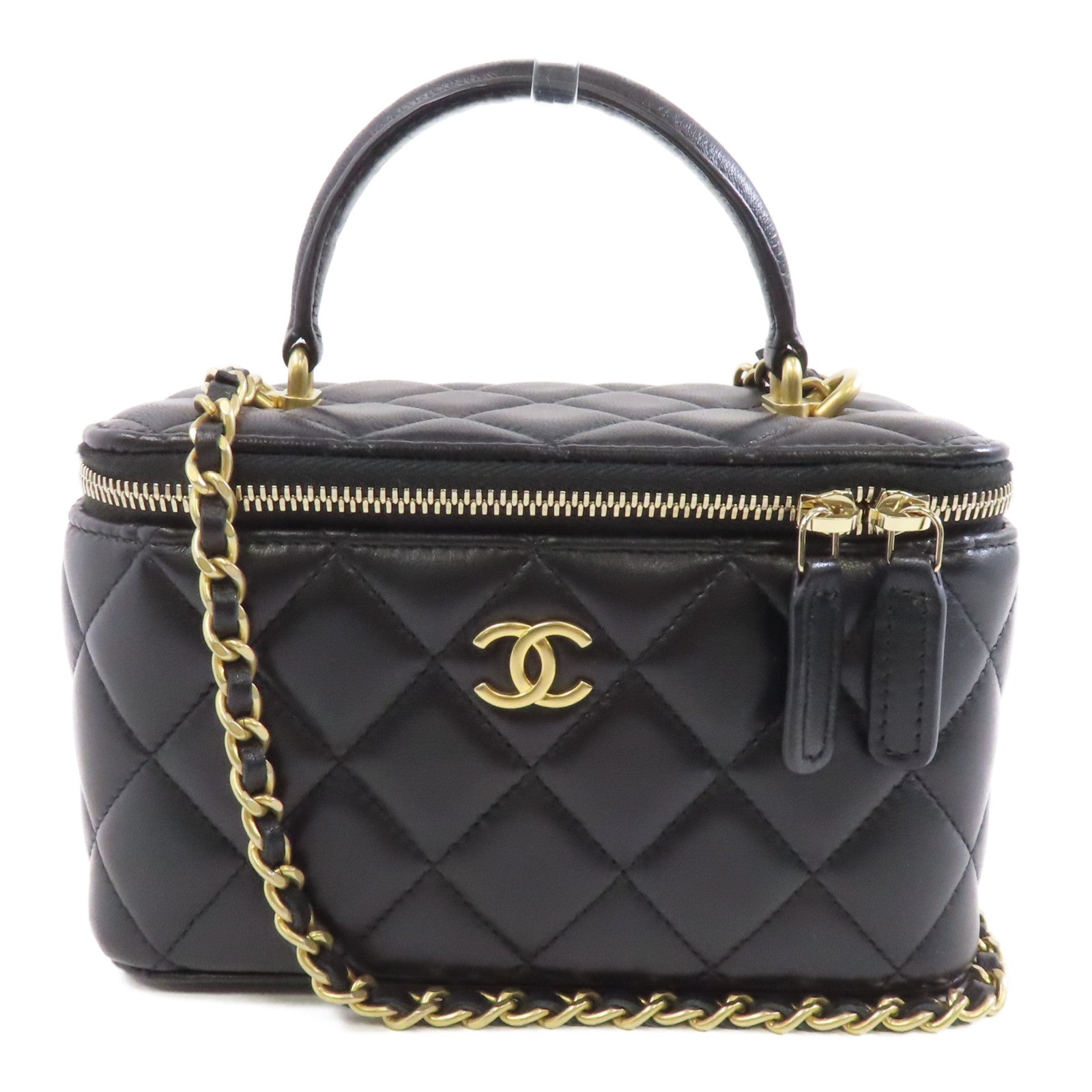 CHANEL 菱格羊皮皮革Vanity Case金扣鏈帶肩背袋黑色