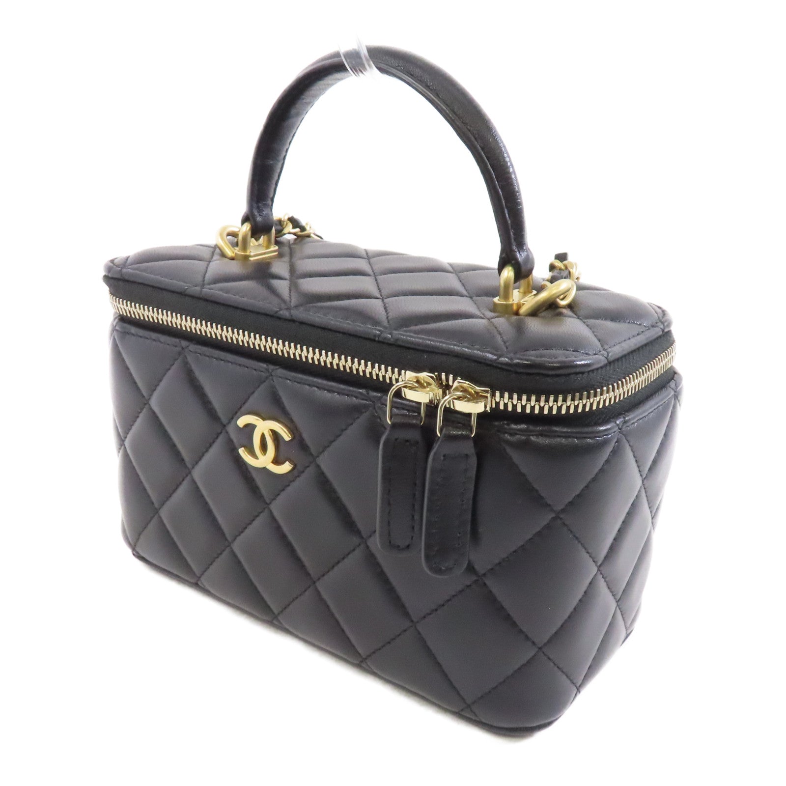 CHANEL 菱格羊皮皮革Vanity Case金扣鏈帶肩背袋黑色
