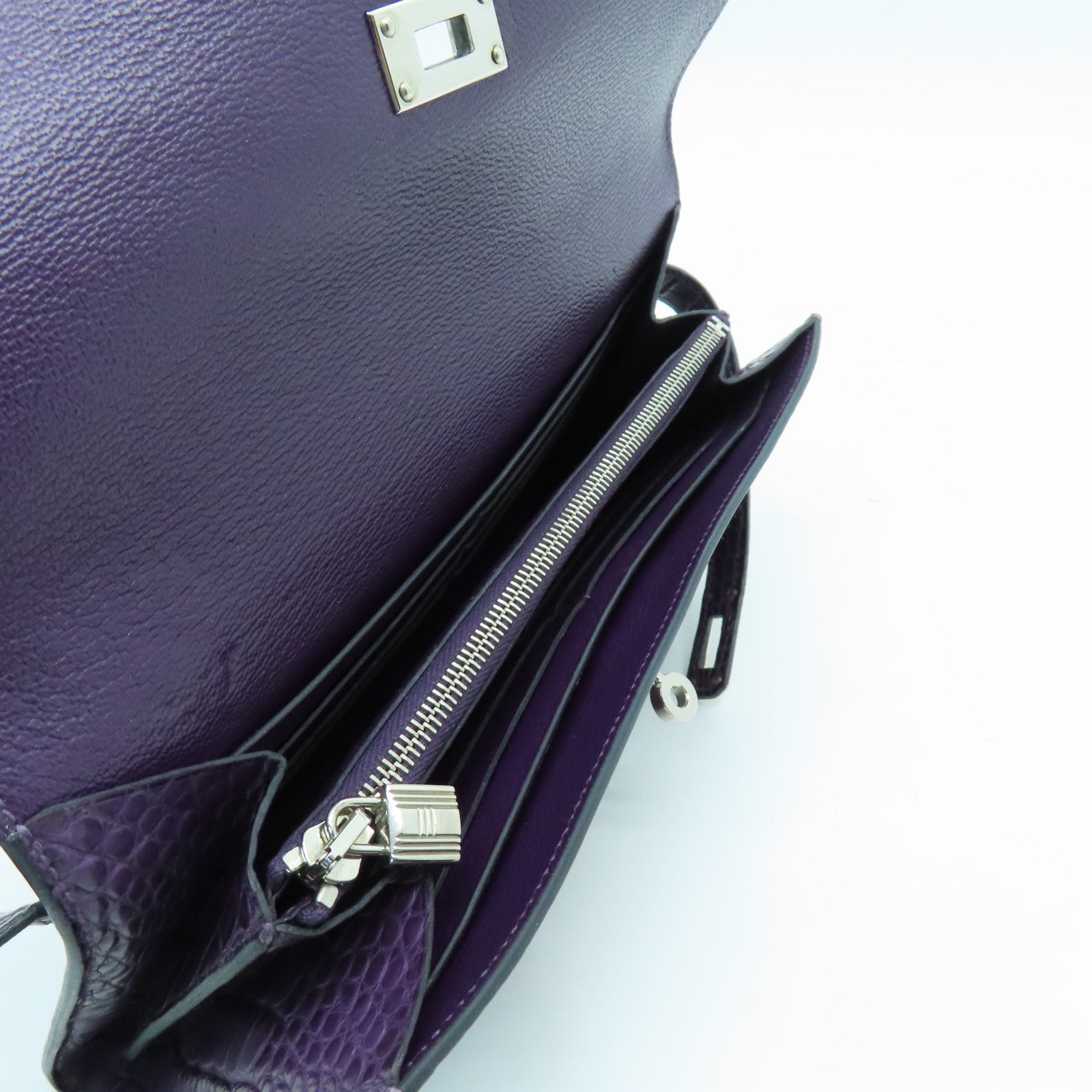 HERMES Alligator Mat Kelly Wallet Silver Buckle Long Wallet Beijing Purple