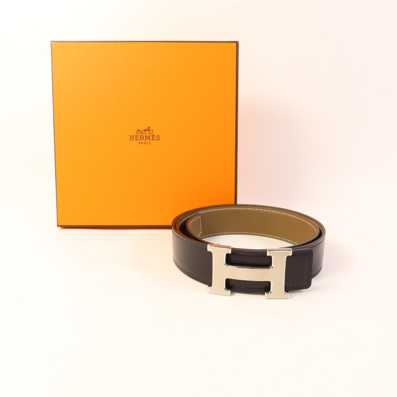 HERMES Togo/Box皮革H Belt銀扣皮帶Noir/Etoupe