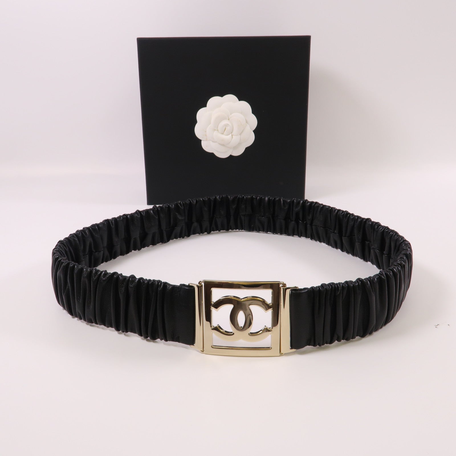 CHANEL 羊皮皮革Belt金扣皮帶黑色