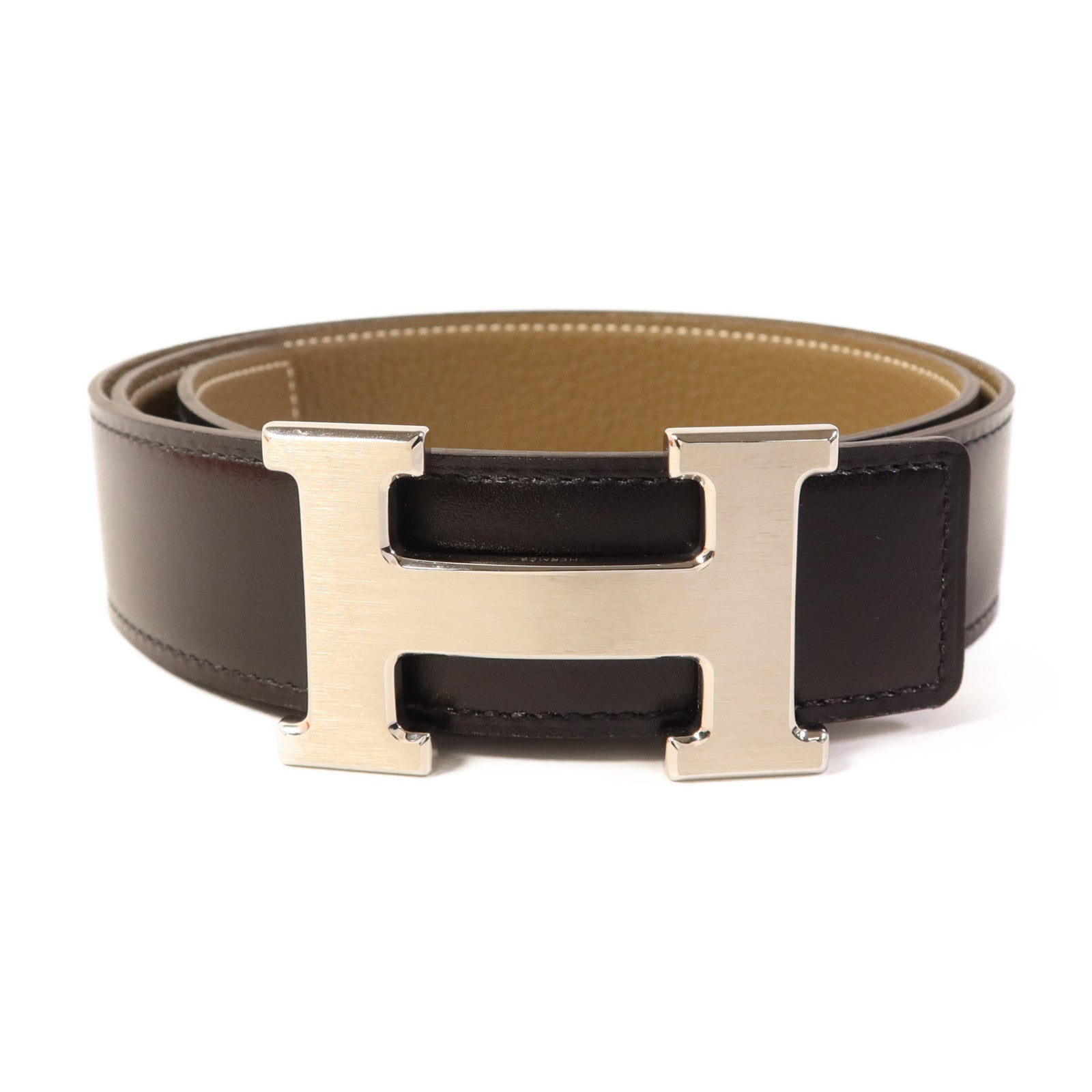 HERMES Togo/Box皮革H Belt銀扣皮帶Noir/Etoupe