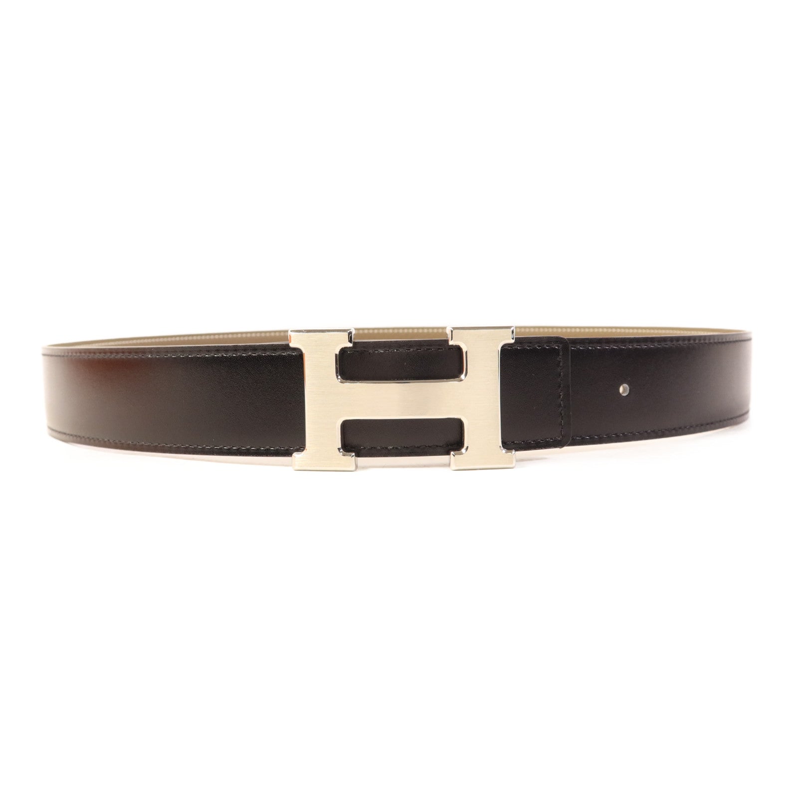 HERMES Togo/Box皮革H Belt銀扣皮帶Noir/Etoupe