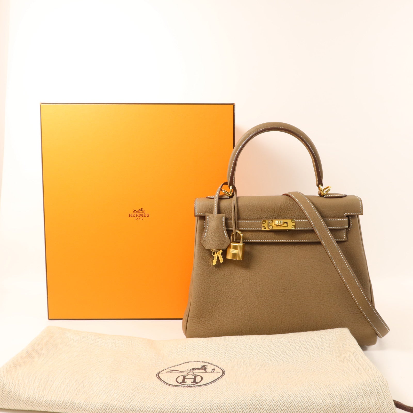 HERMES 【激減優惠】Togo皮革Kelly 25金扣手挽肩背兩用袋Etoupe