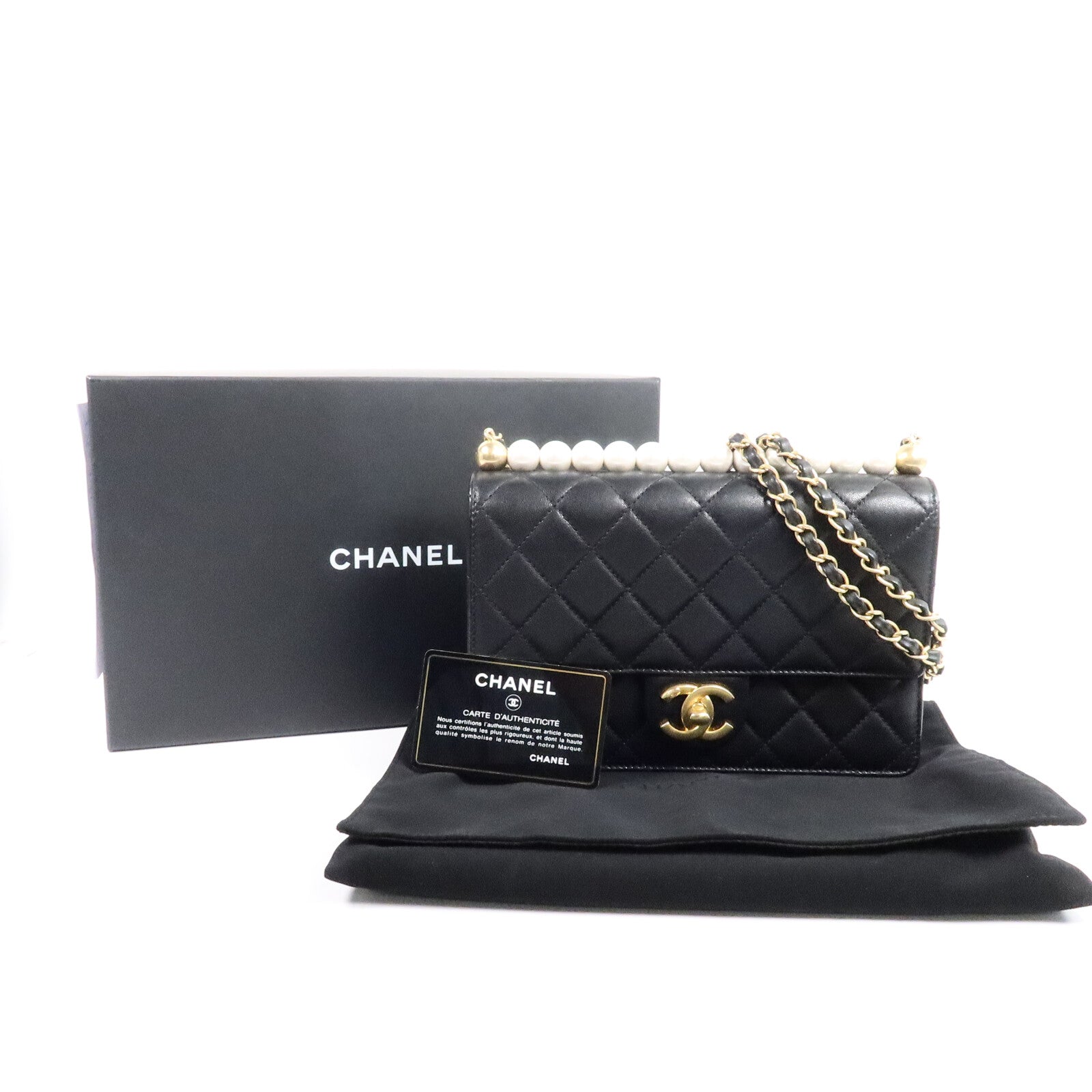 CHANEL 牛皮皮革Pearl Flap Bag鏈帶肩背袋