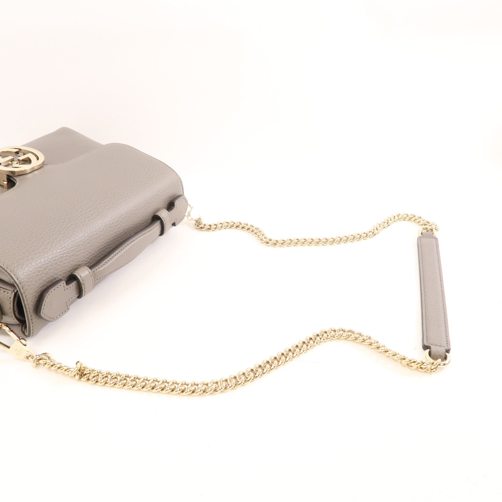 GUCCI 牛皮皮革Chain Shoulder Bag金扣鏈帶肩背袋灰色