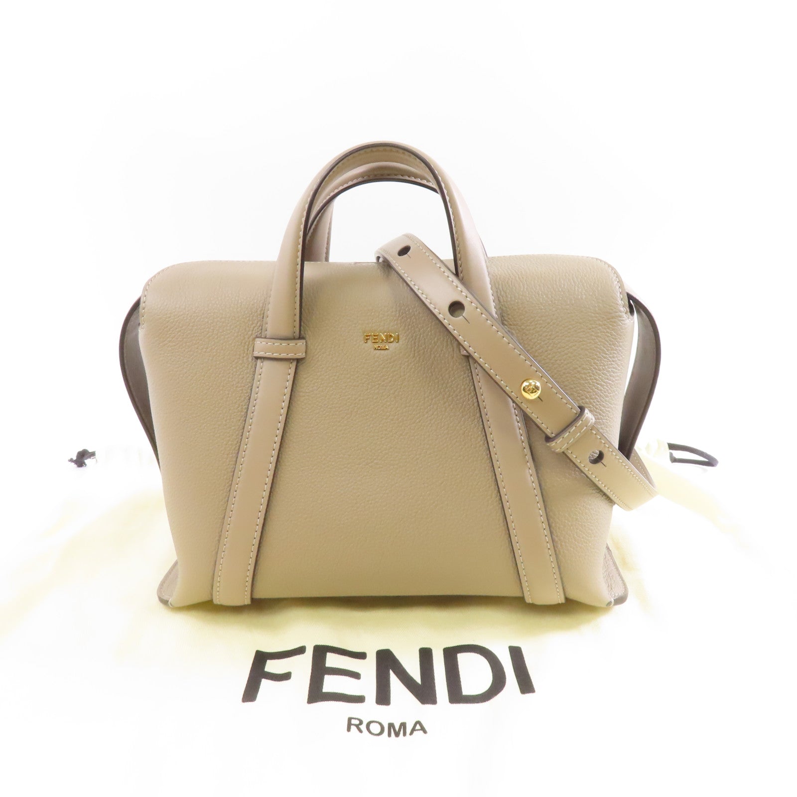 FENDI 牛皮皮革Boston 365金扣手挽肩背兩用袋米灰色