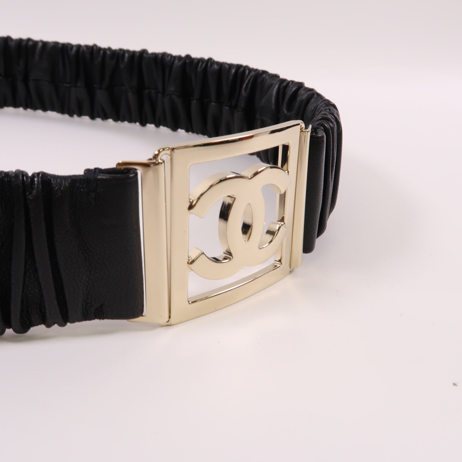 CHANEL 羊皮皮革Belt金扣皮帶黑色