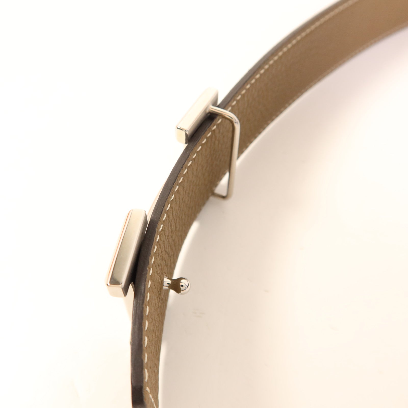 HERMES Togo/Box皮革H Belt銀扣皮帶Noir/Etoupe