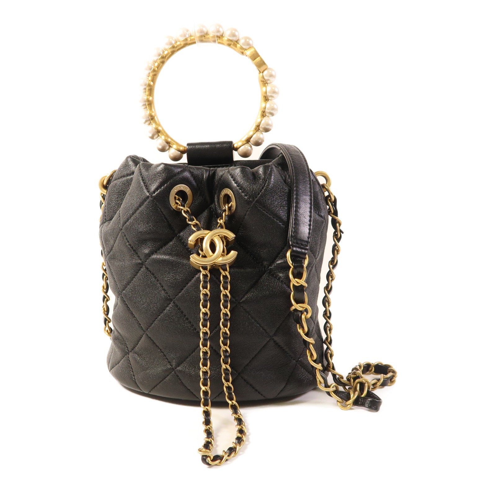 CHANEL 羊皮皮革Bucket Bag With Pearl Handle金扣手挽肩背兩用袋