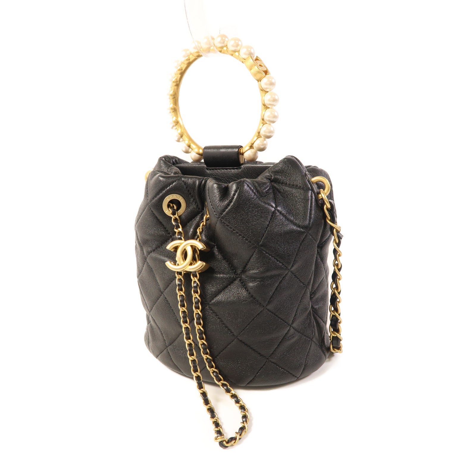 CHANEL 羊皮皮革Bucket Bag With Pearl Handle金扣手挽肩背兩用袋