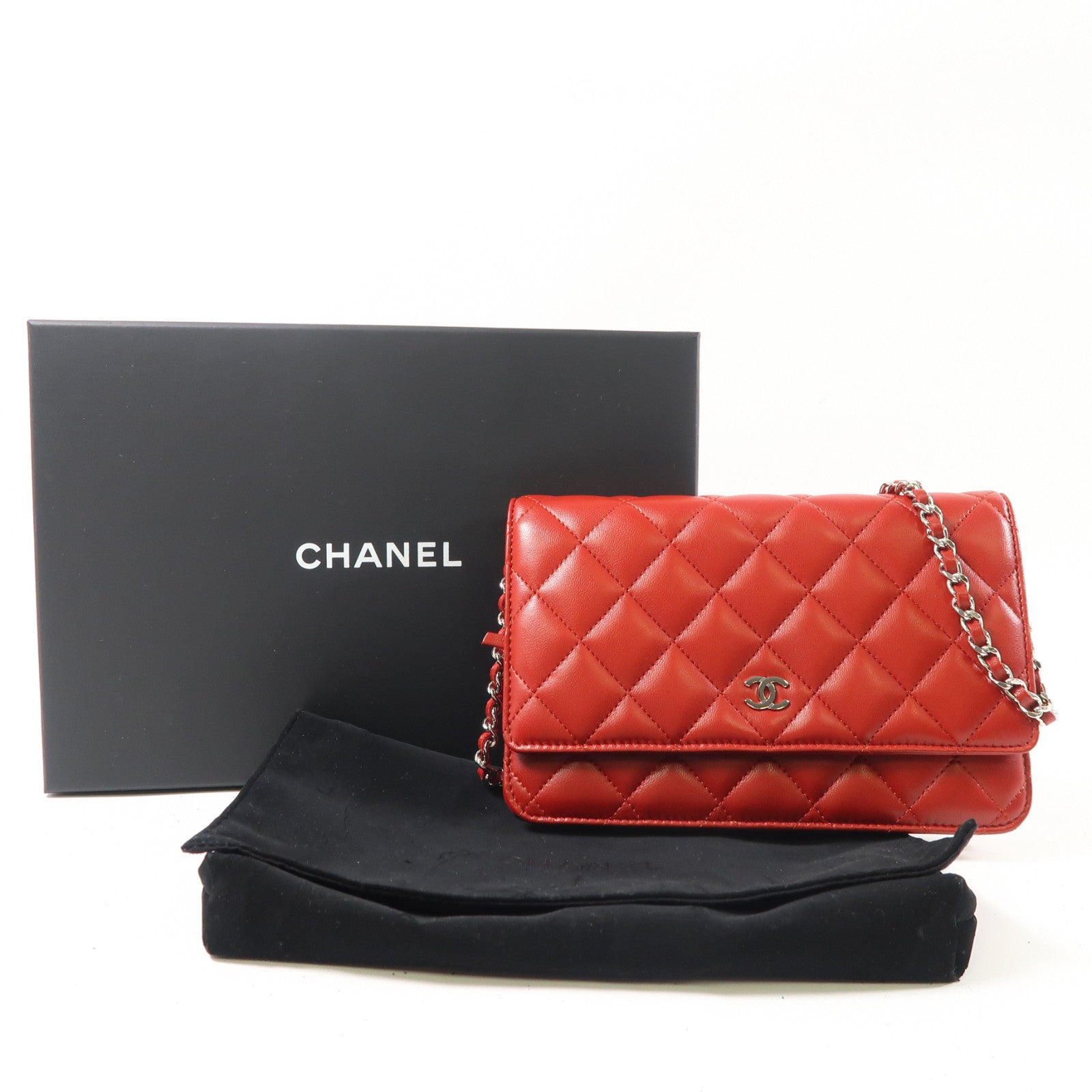 CHANEL 菱格羊皮皮革Wallet On Chain銀扣鏈帶肩背袋紅色