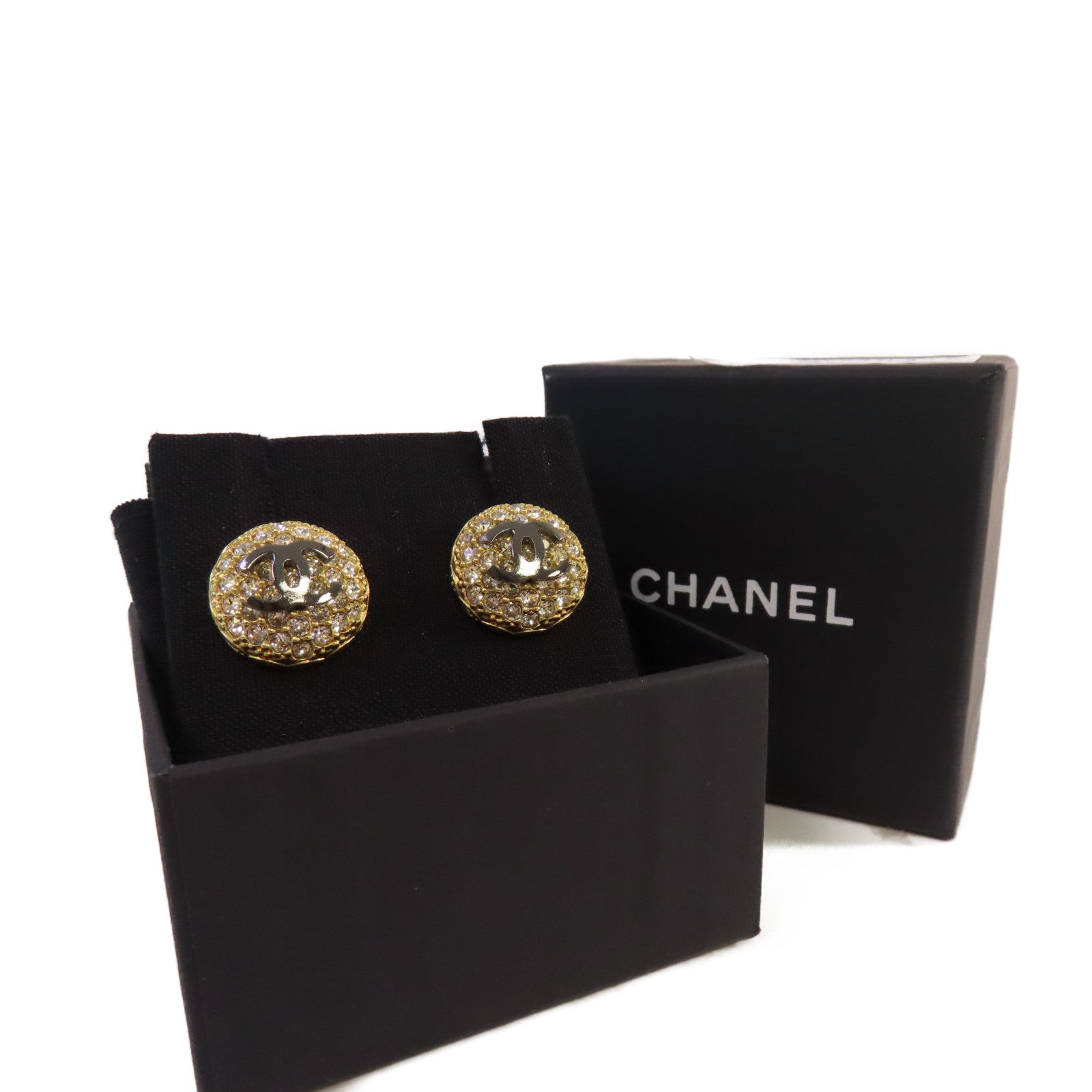 CHANEL 金屬/水鑽CC Strass Earrings耳環黑色/金色