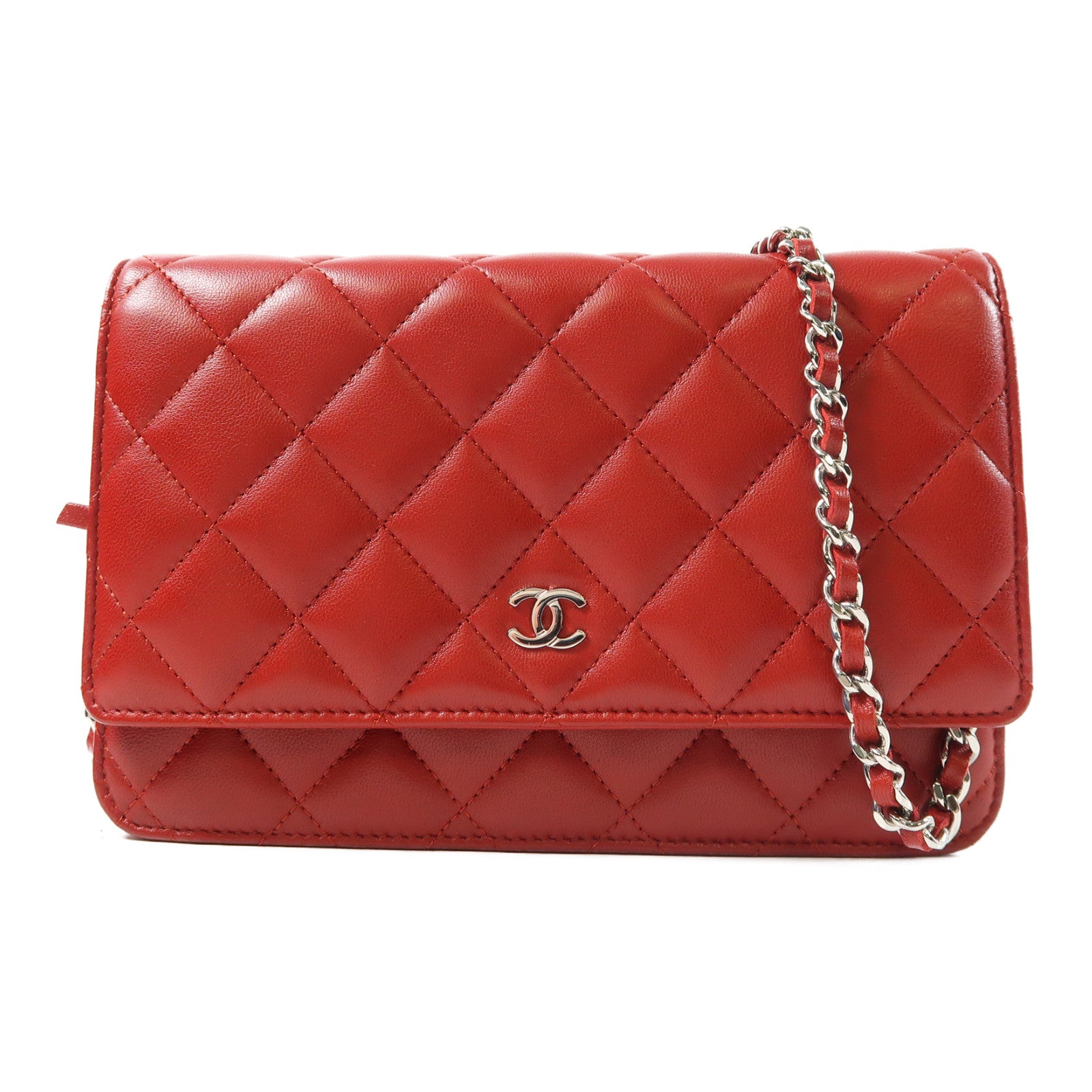 CHANEL 菱格羊皮皮革Wallet On Chain銀扣鏈帶肩背袋紅色