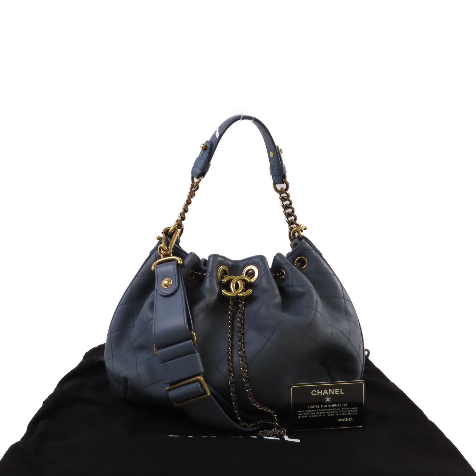 CHANEL 菱格牛皮皮革2Way Shoulder Bag金扣手挽肩背兩用袋灰藍色