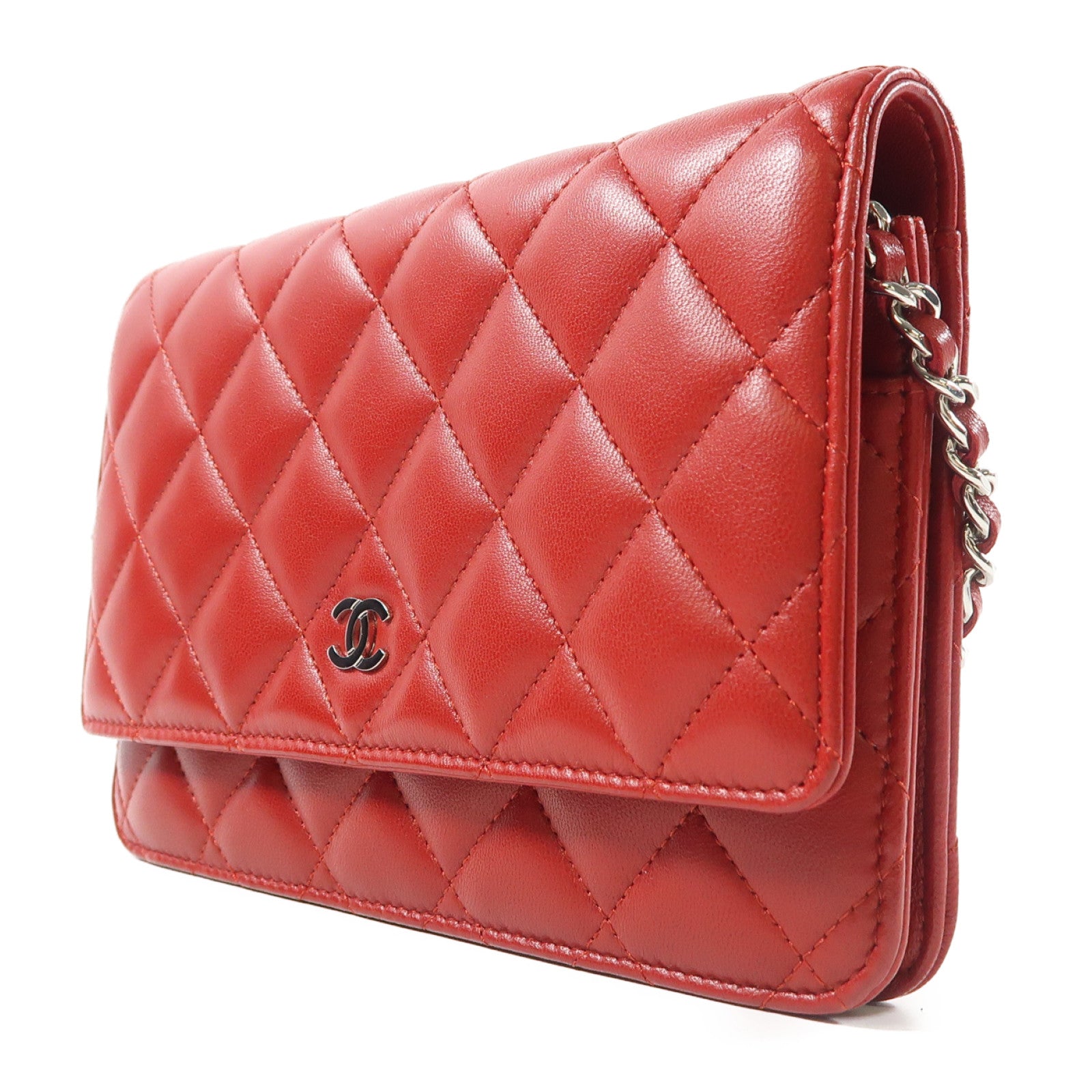 CHANEL 菱格羊皮皮革Wallet On Chain銀扣鏈帶肩背袋紅色