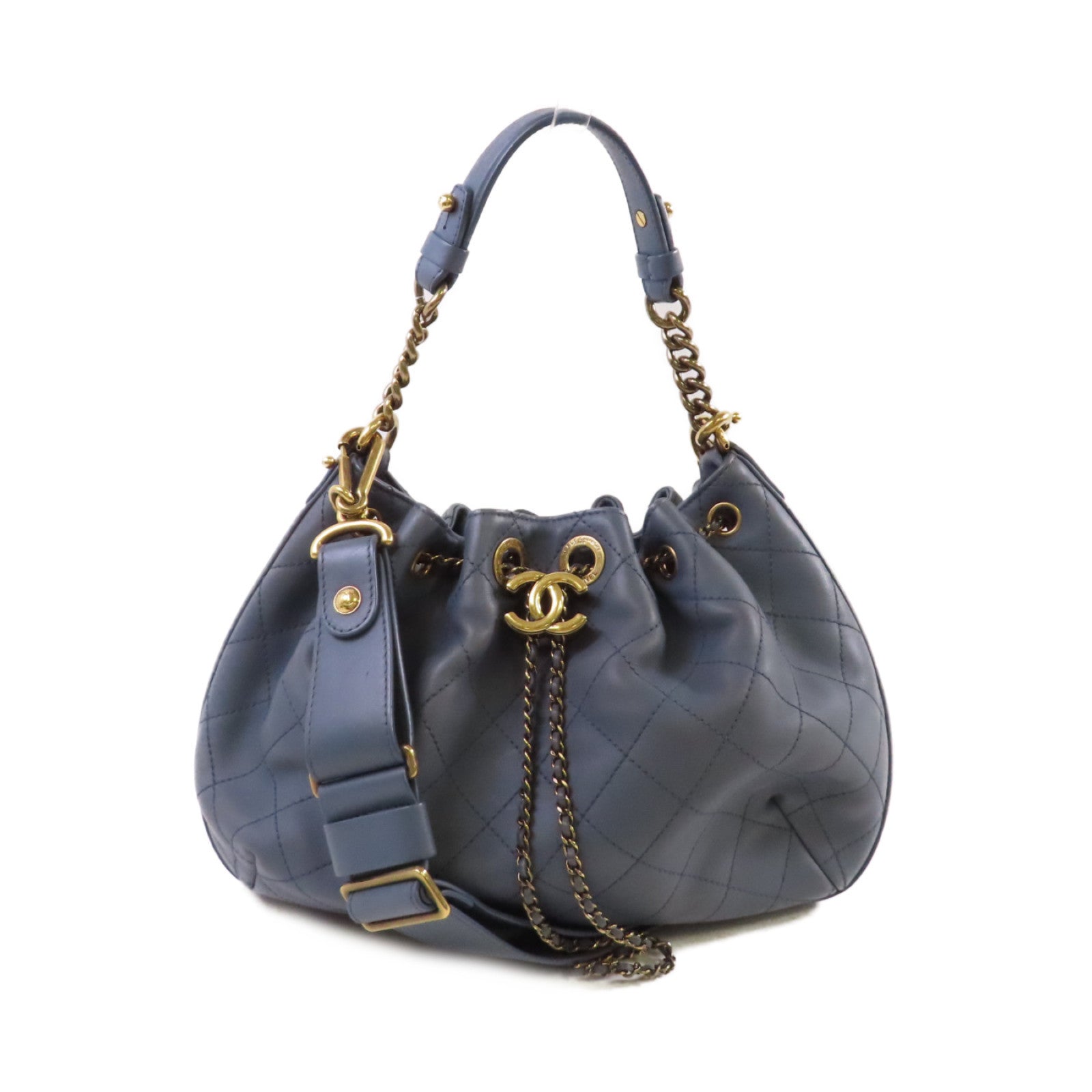 CHANEL 菱格牛皮皮革2Way Shoulder Bag金扣手挽肩背兩用袋灰藍色
