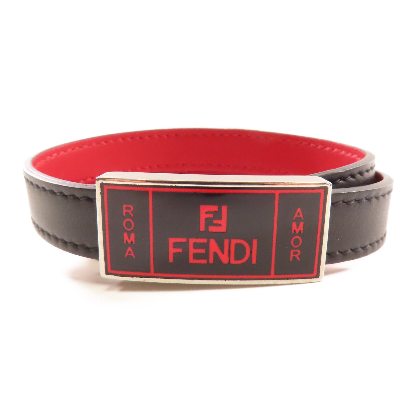 FENDI 牛皮皮革Leather Bracelet銀扣手帶黑色/紅色