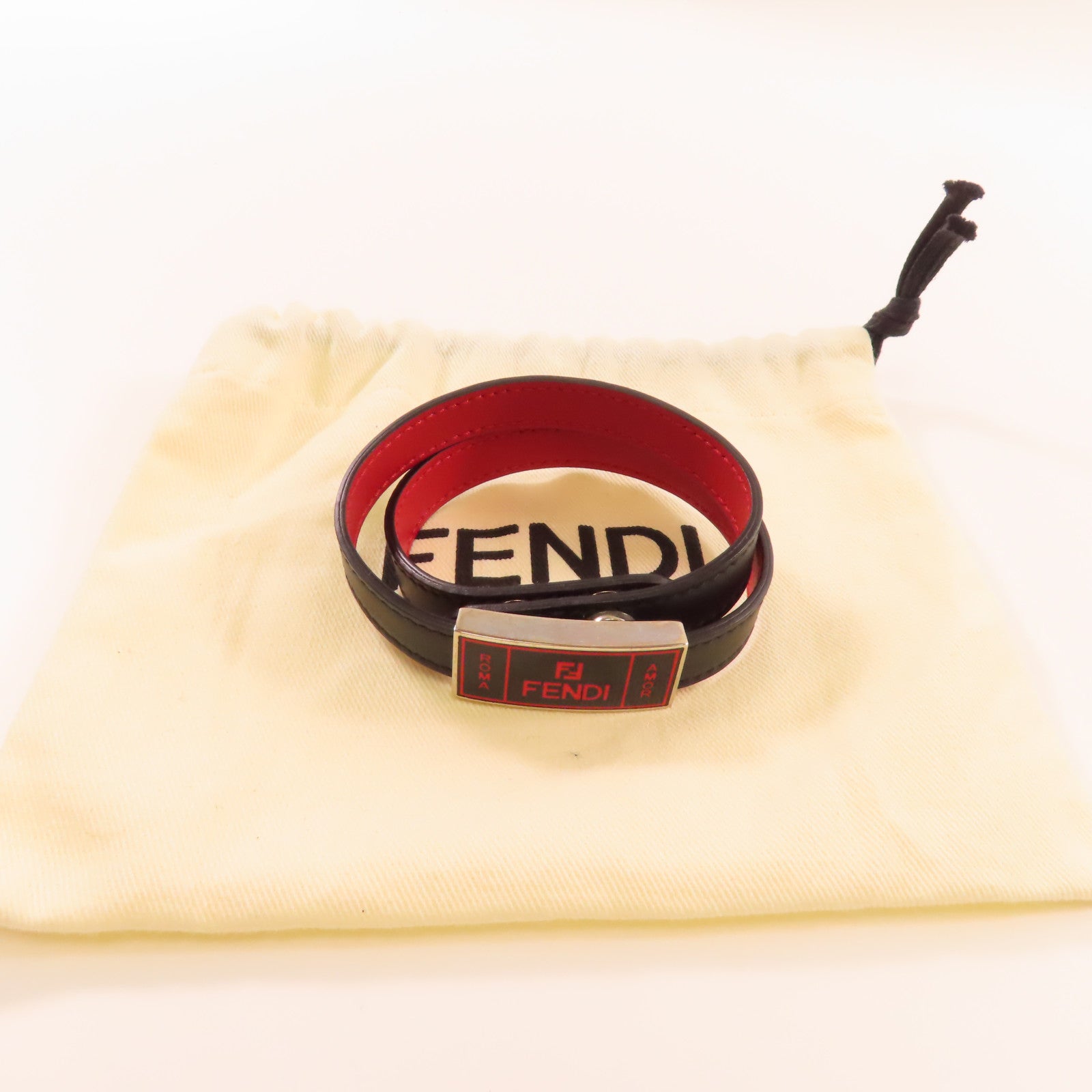 FENDI 牛皮皮革Leather Bracelet銀扣手帶黑色/紅色