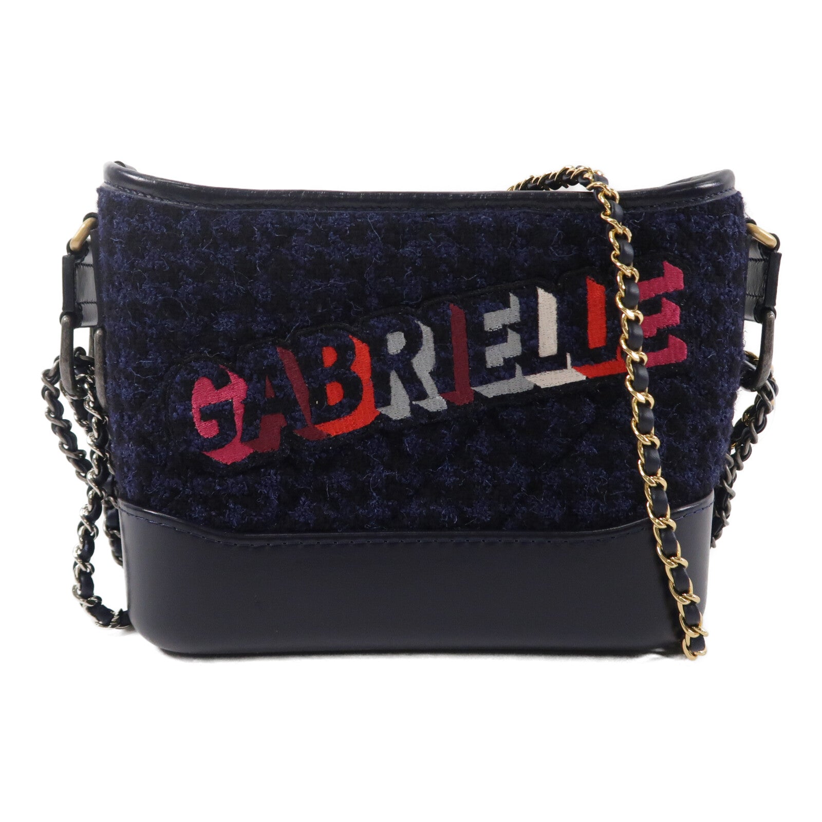 CHANEL 牛皮皮革/Tweed Navy Tweed Gabrielle Small鏈帶肩背袋