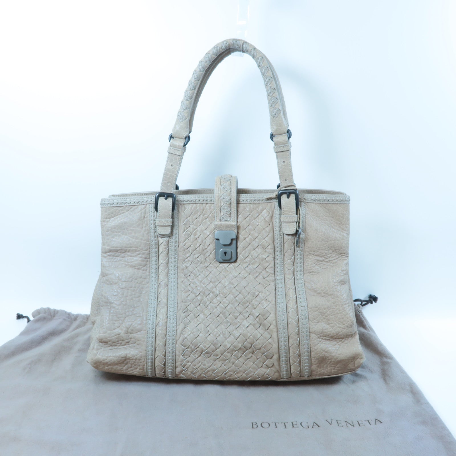 BOTTEGA VENETA 【激減優惠】織紋牛皮皮革Shoulder Bag銀扣肩背袋米色