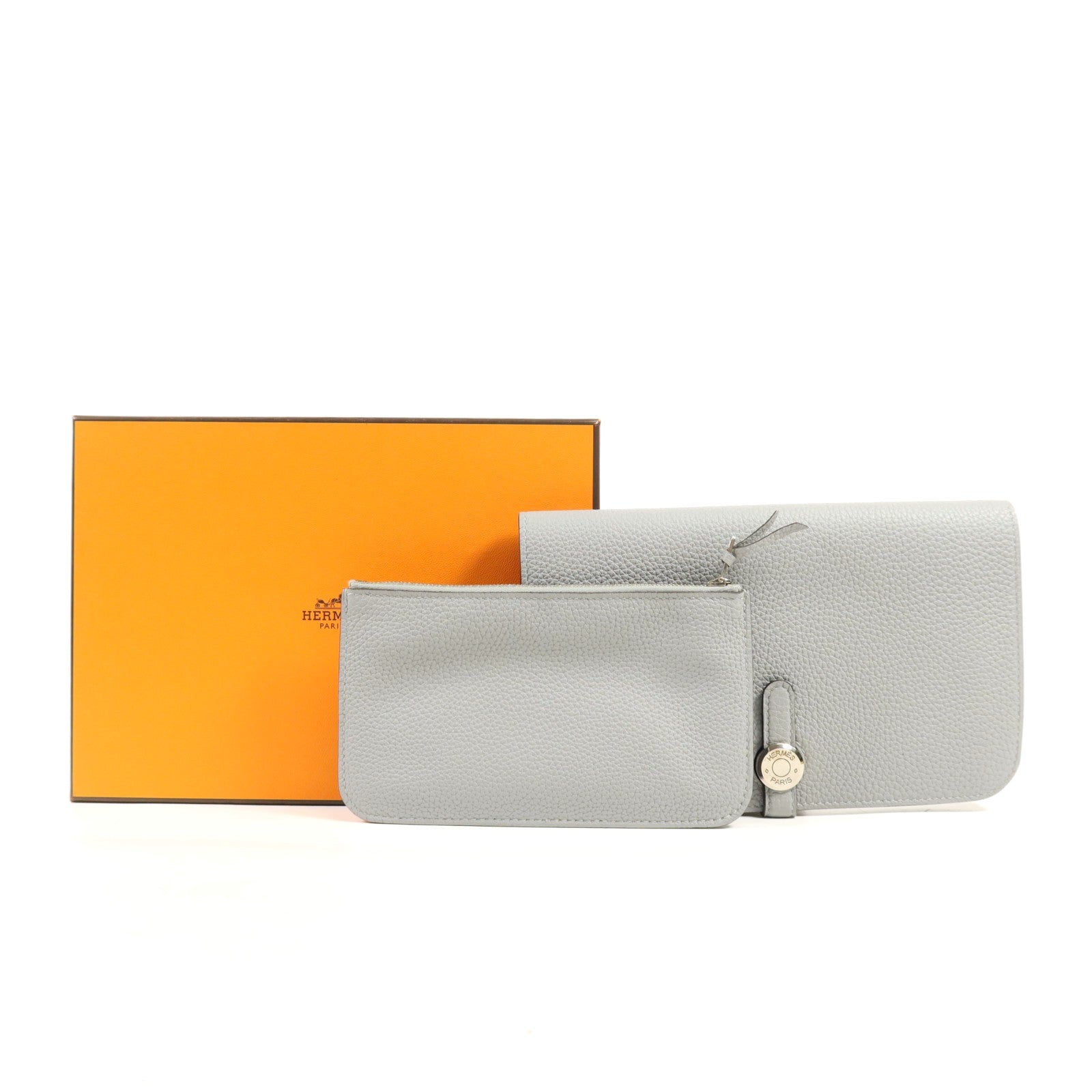 HERMES Clemence皮革Dogon GM銀扣長錢包Gris Mouette