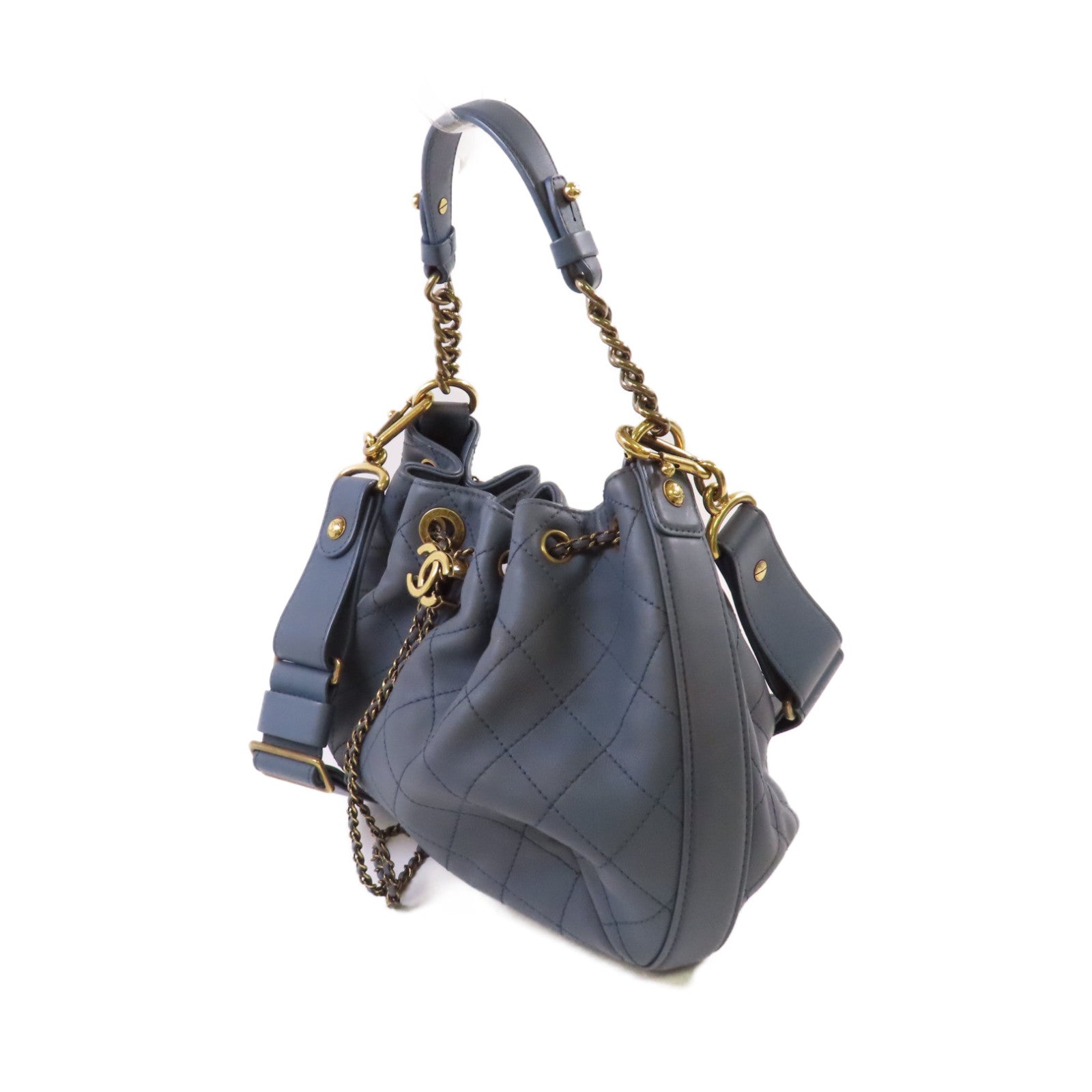 CHANEL 菱格牛皮皮革2Way Shoulder Bag金扣手挽肩背兩用袋灰藍色