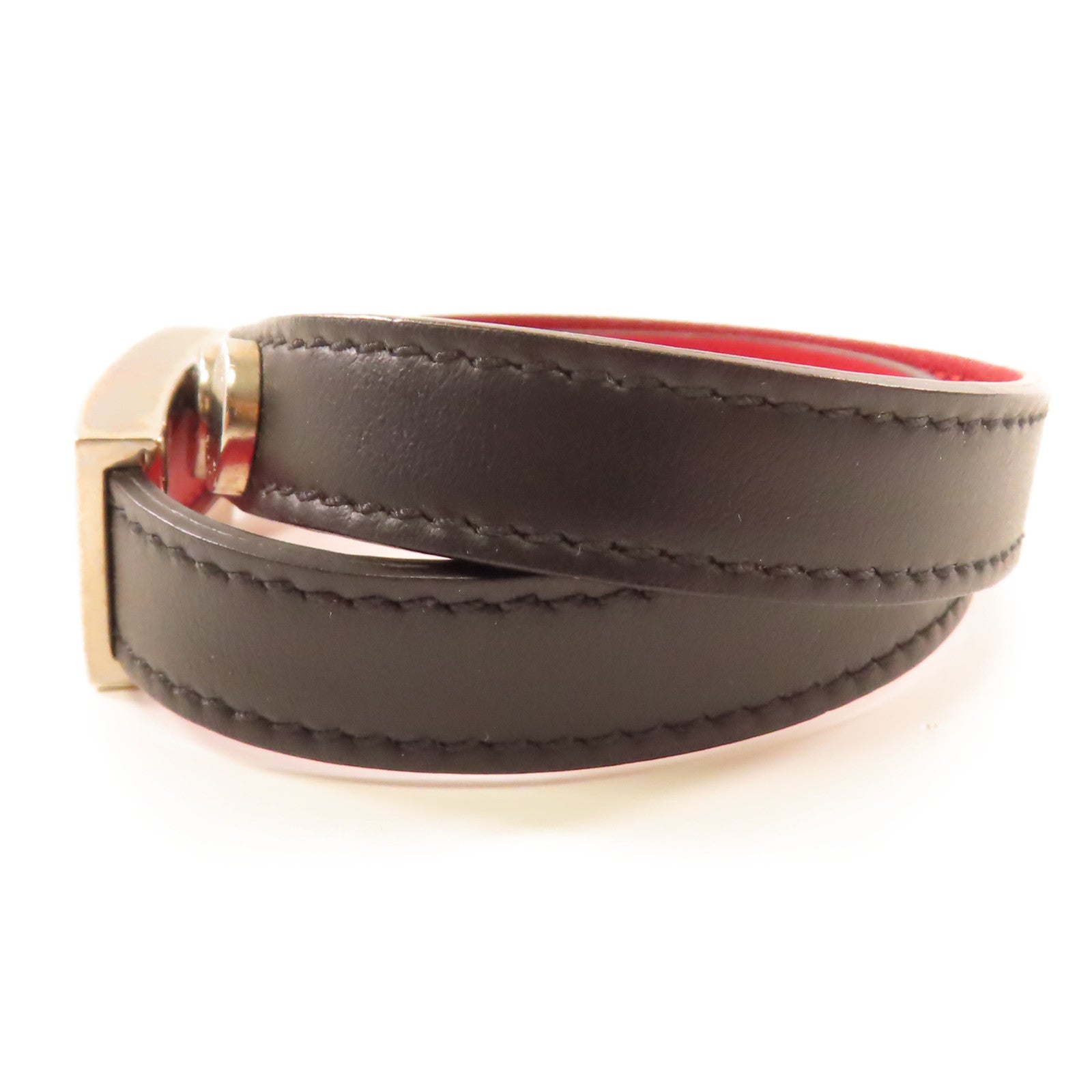 FENDI 牛皮皮革Leather Bracelet銀扣手帶黑色/紅色