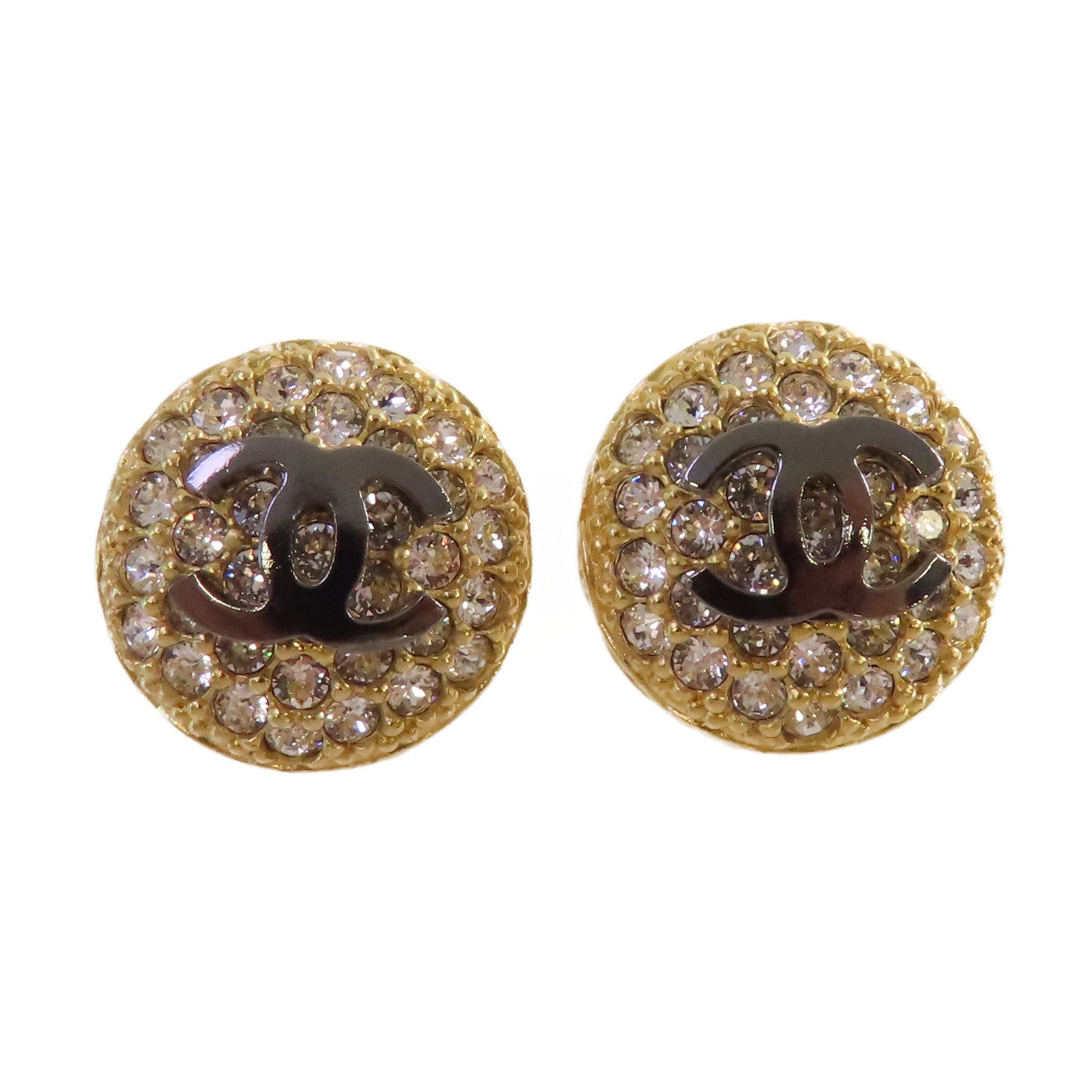 CHANEL 金屬/水鑽CC Strass Earrings耳環黑色/金色