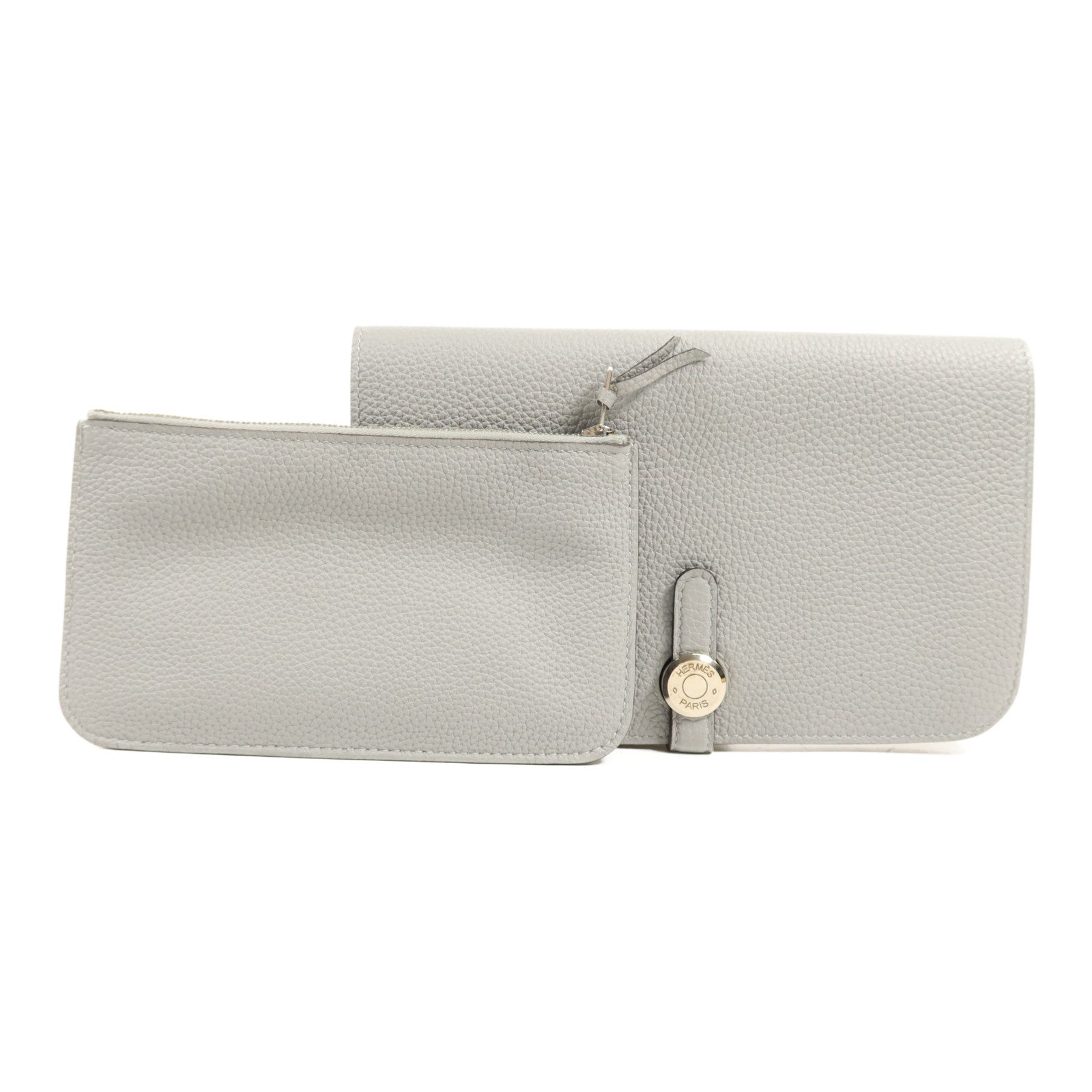 HERMES Clemence皮革Dogon GM銀扣長錢包Gris Mouette