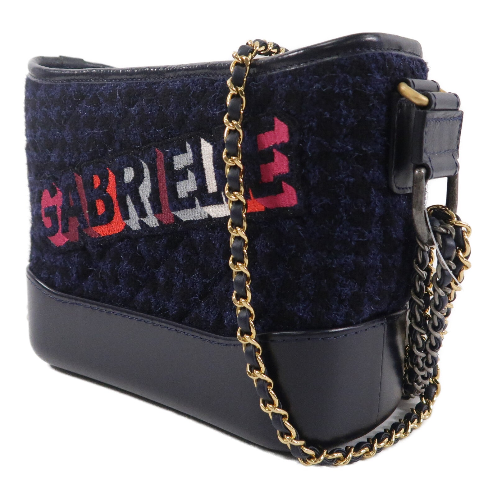 CHANEL 牛皮皮革/Tweed Navy Tweed Gabrielle Small鏈帶肩背袋