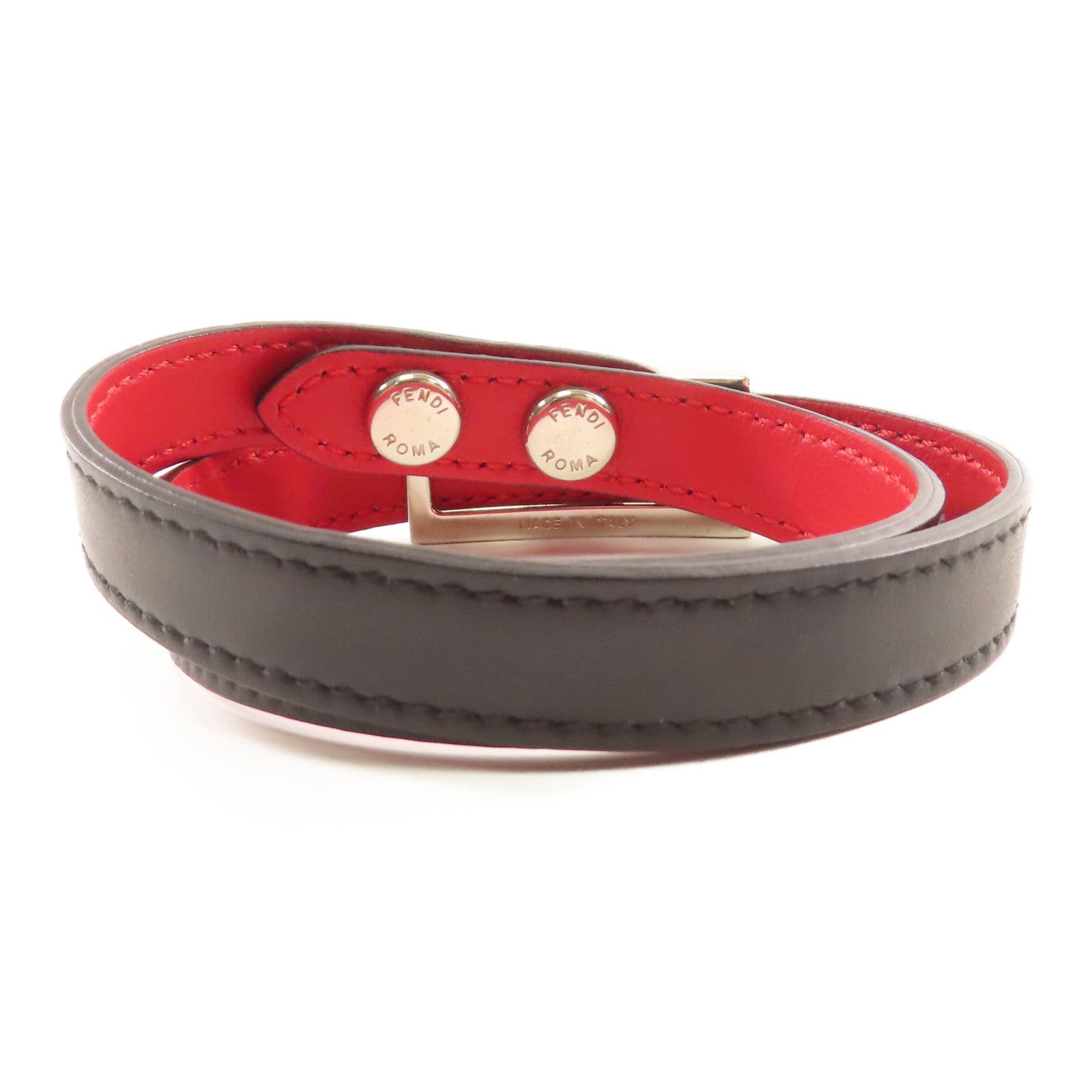 FENDI 牛皮皮革Leather Bracelet銀扣手帶黑色/紅色