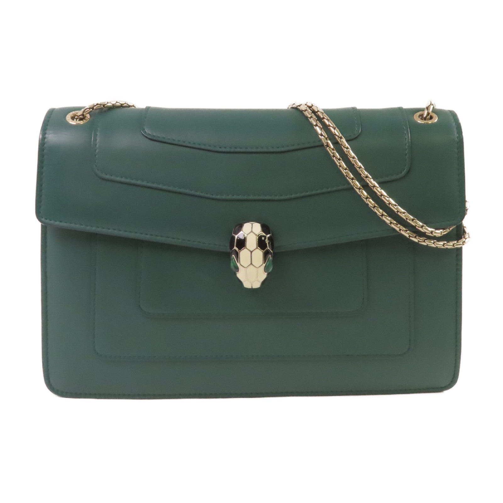 BVLGARI 牛皮皮革Serpenti Forever Shoulder Bag銀扣鏈帶肩背綠色