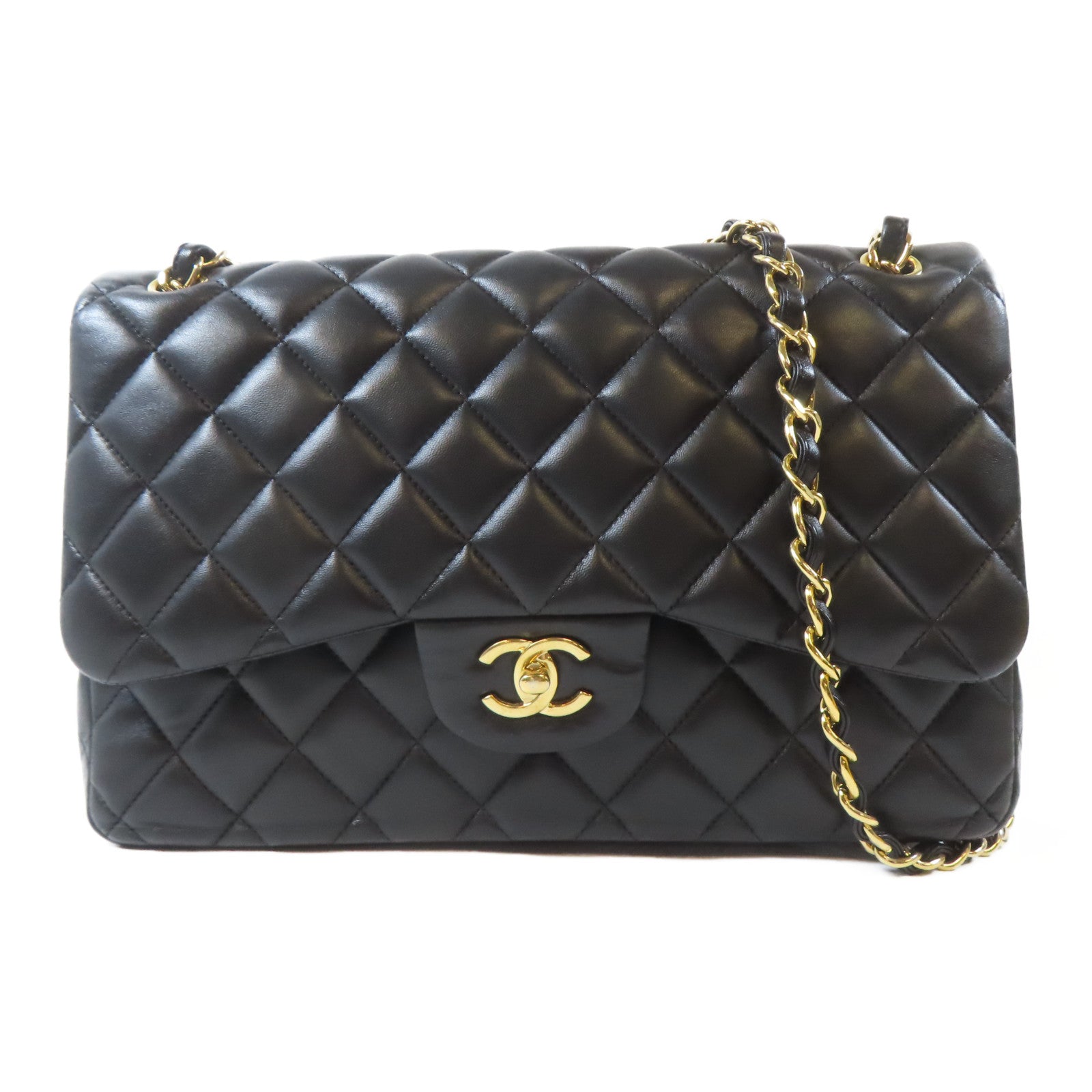 CHANEL 菱格羊皮皮革Classic Jumbo Bag金扣鏈帶肩背袋黑色