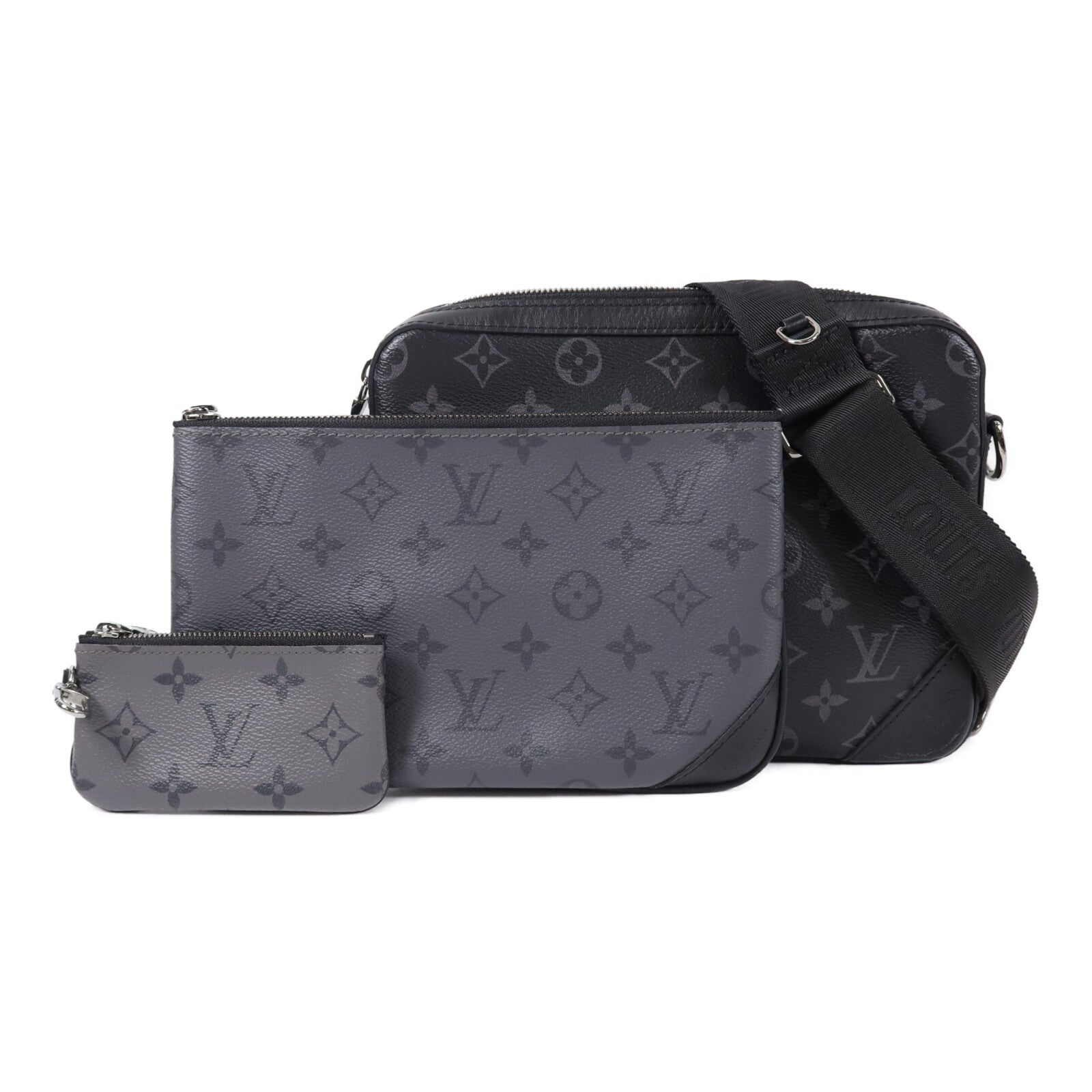LOUIS VUITTON Monogram Eclipse Reverse Trio Messenger銀扣肩背袋灰色