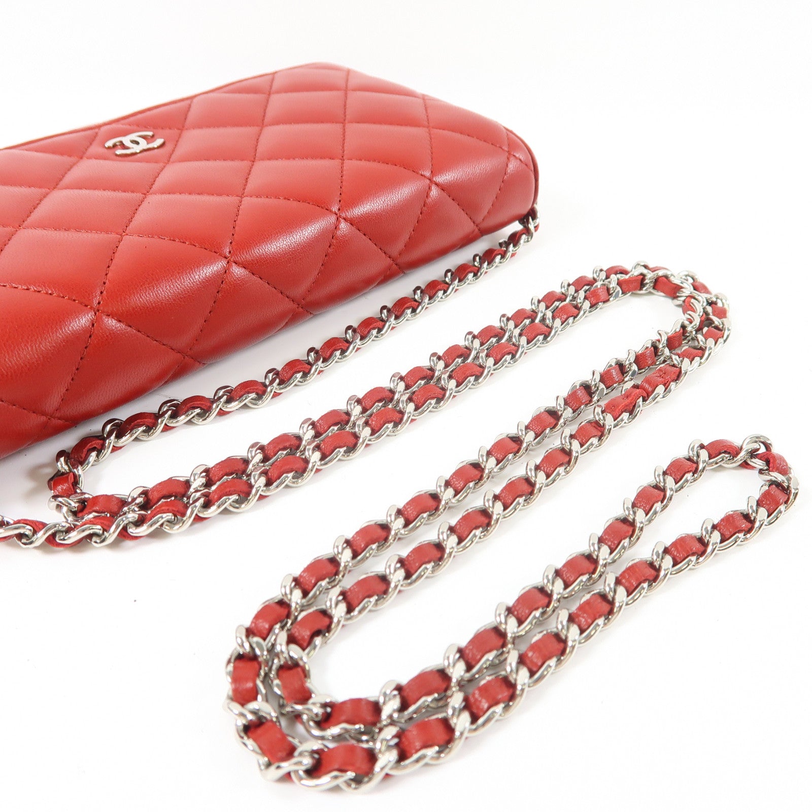 CHANEL 菱格羊皮皮革Wallet On Chain銀扣鏈帶肩背袋紅色