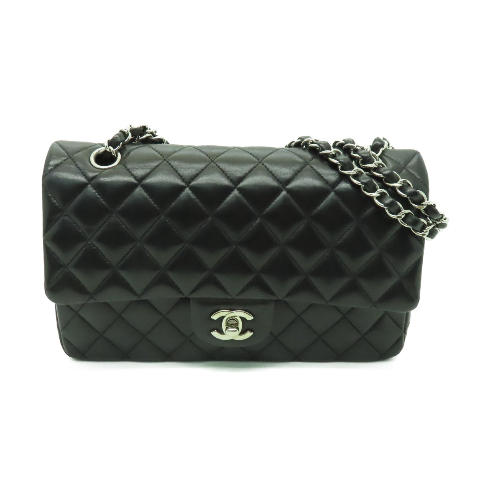 CHANEL 【清倉大減價】菱格羊皮皮革Classic 25銀扣鏈帶肩背袋黑色