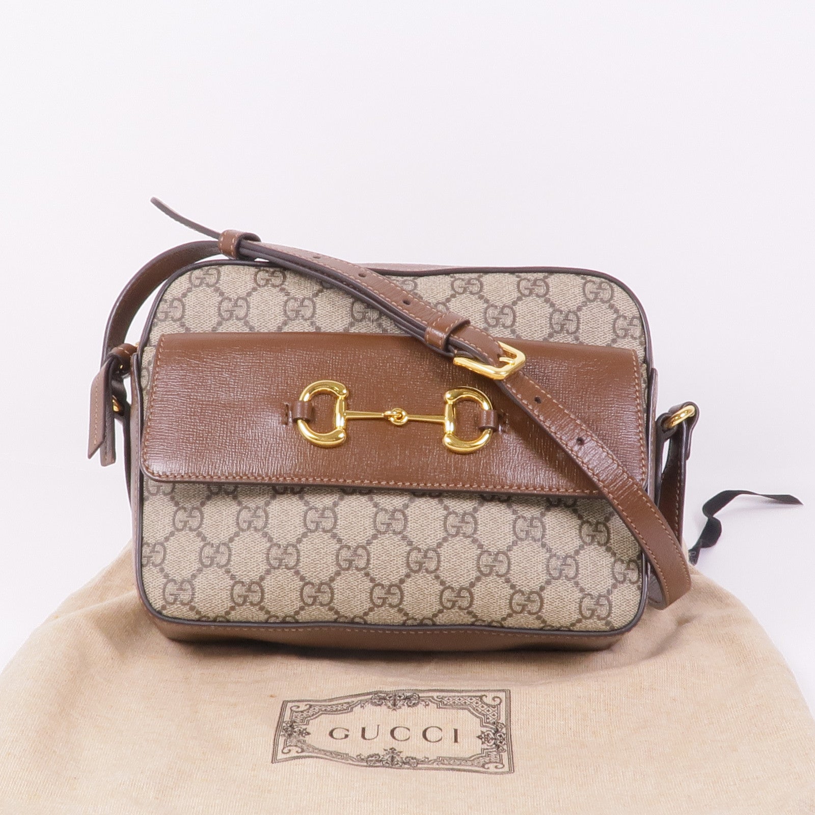 GUCCI 塗層帆布/皮革Horsebit 1955金扣肩背袋