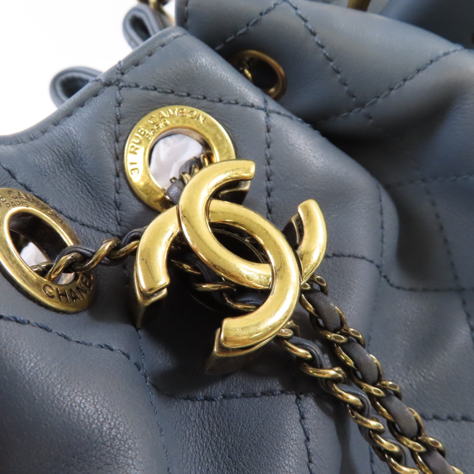 CHANEL 菱格牛皮皮革2Way Shoulder Bag金扣手挽肩背兩用袋灰藍色