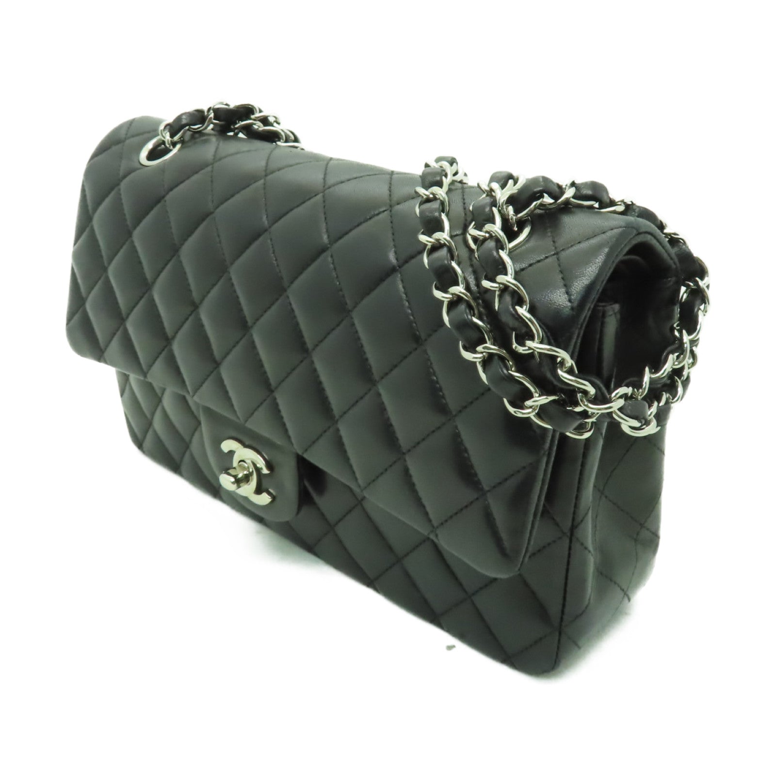 CHANEL 【清倉大減價】菱格羊皮皮革Classic 25銀扣鏈帶肩背袋黑色